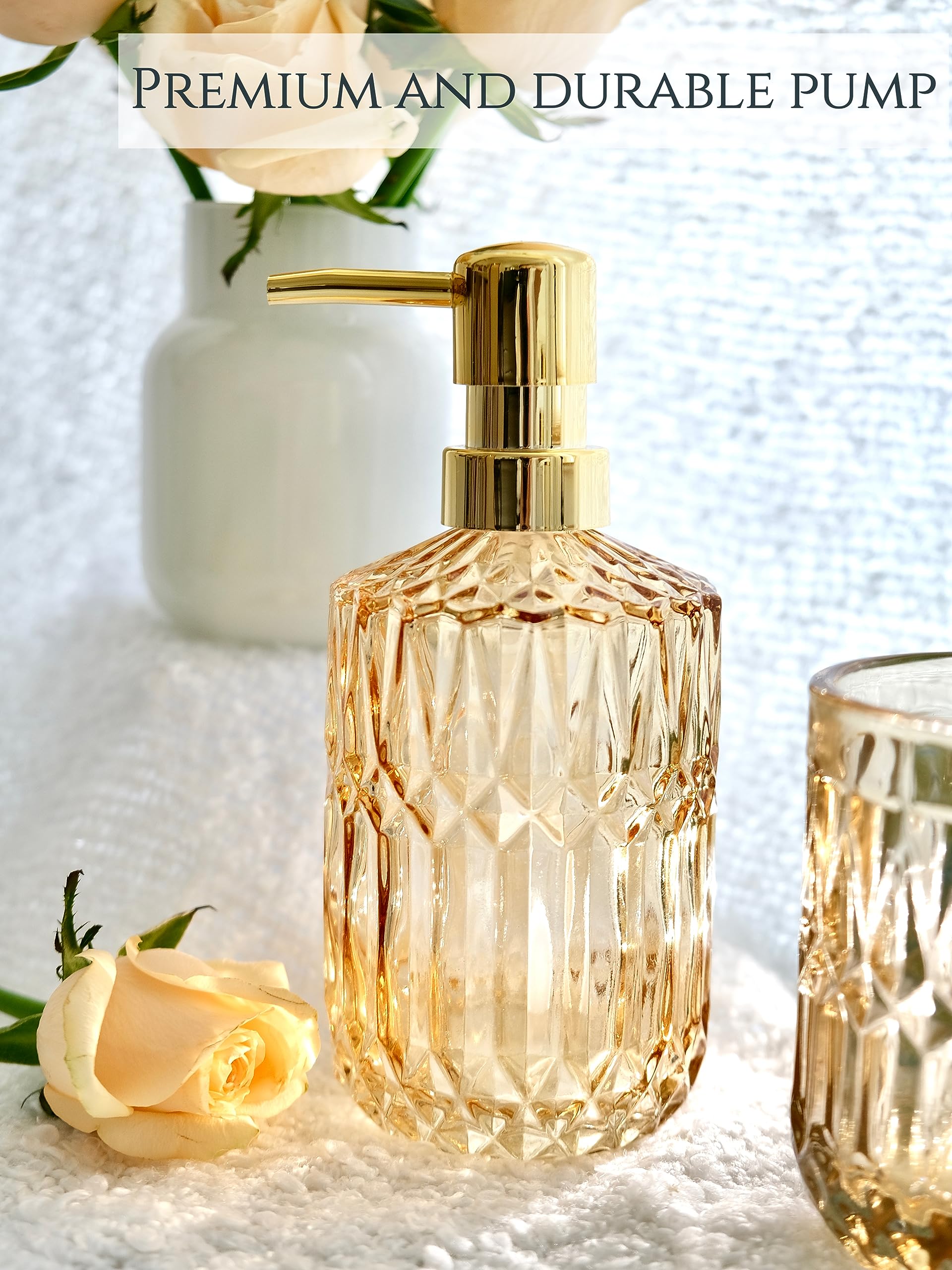 LaMarriti 5Pcs Clear Gold Glass Bathroom Accessory Complete Set  Lotion Dispenser  Soap Dish  Tumbler  Cotton Swab Jars  Toothbrush Holder Set Bathroom Decor and Gift Set  Golden  Yellow-Orange