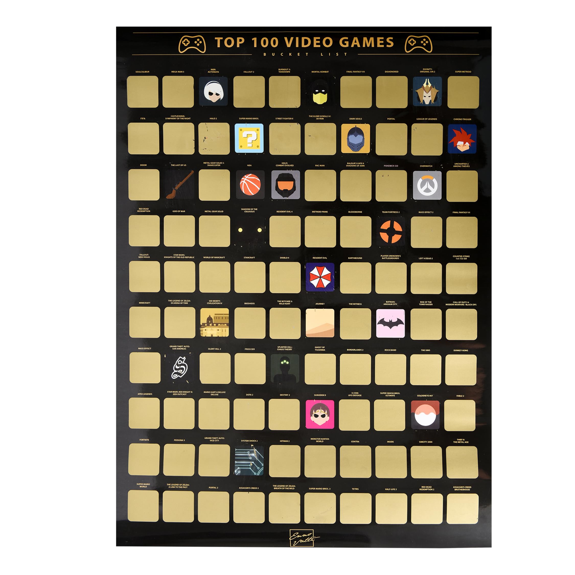 Enno Vatti Top 100 Video Games Bucket List Scratch Poster - Modern Design Scratch Off Cards - Fresh Illustrations Of 100 Bucket