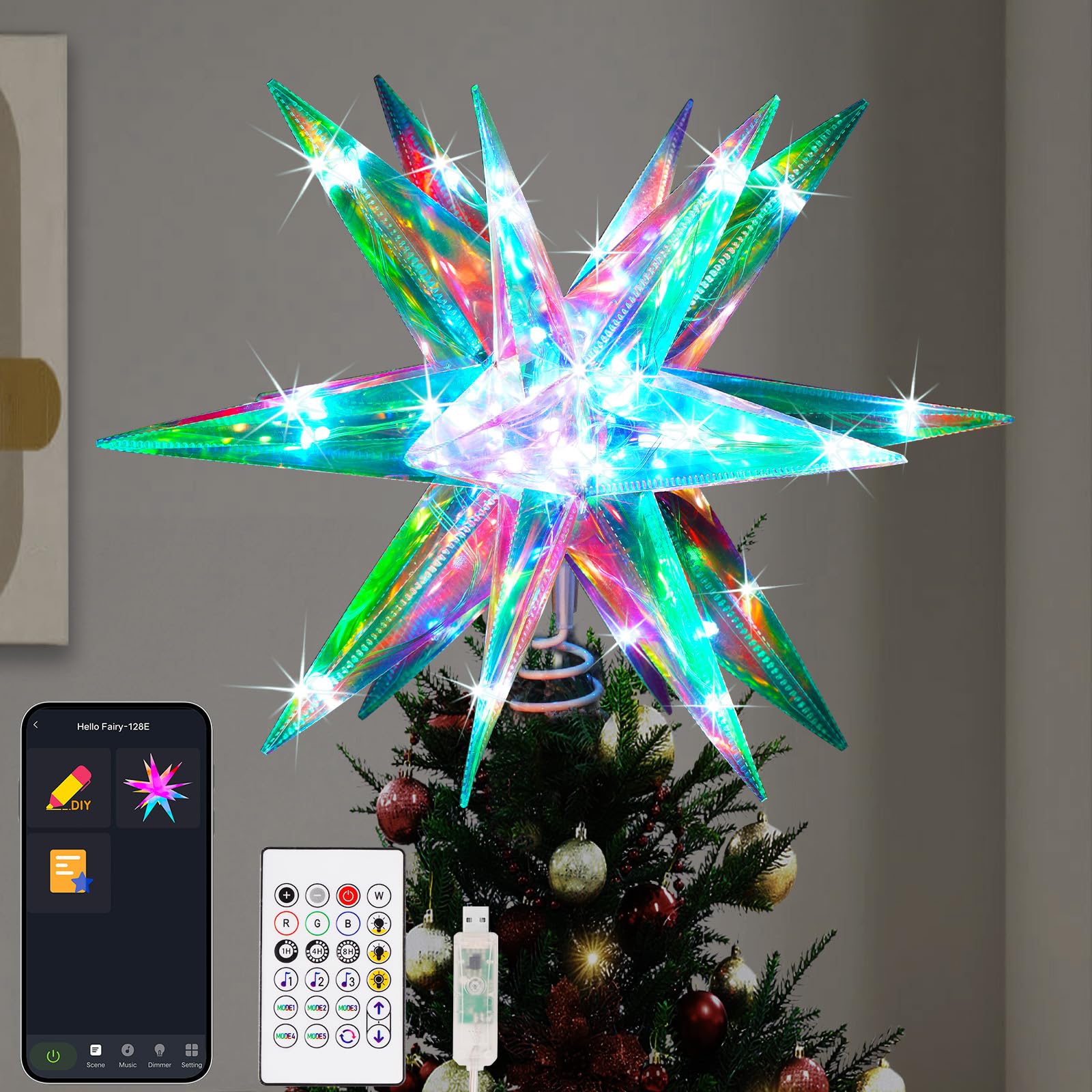 Christmas Star Tree Topper, 13.8 Xmas Smart Tree Decorations, Crystal-Like 3D Polygonal Shell, App Control LED Christmas Light, 