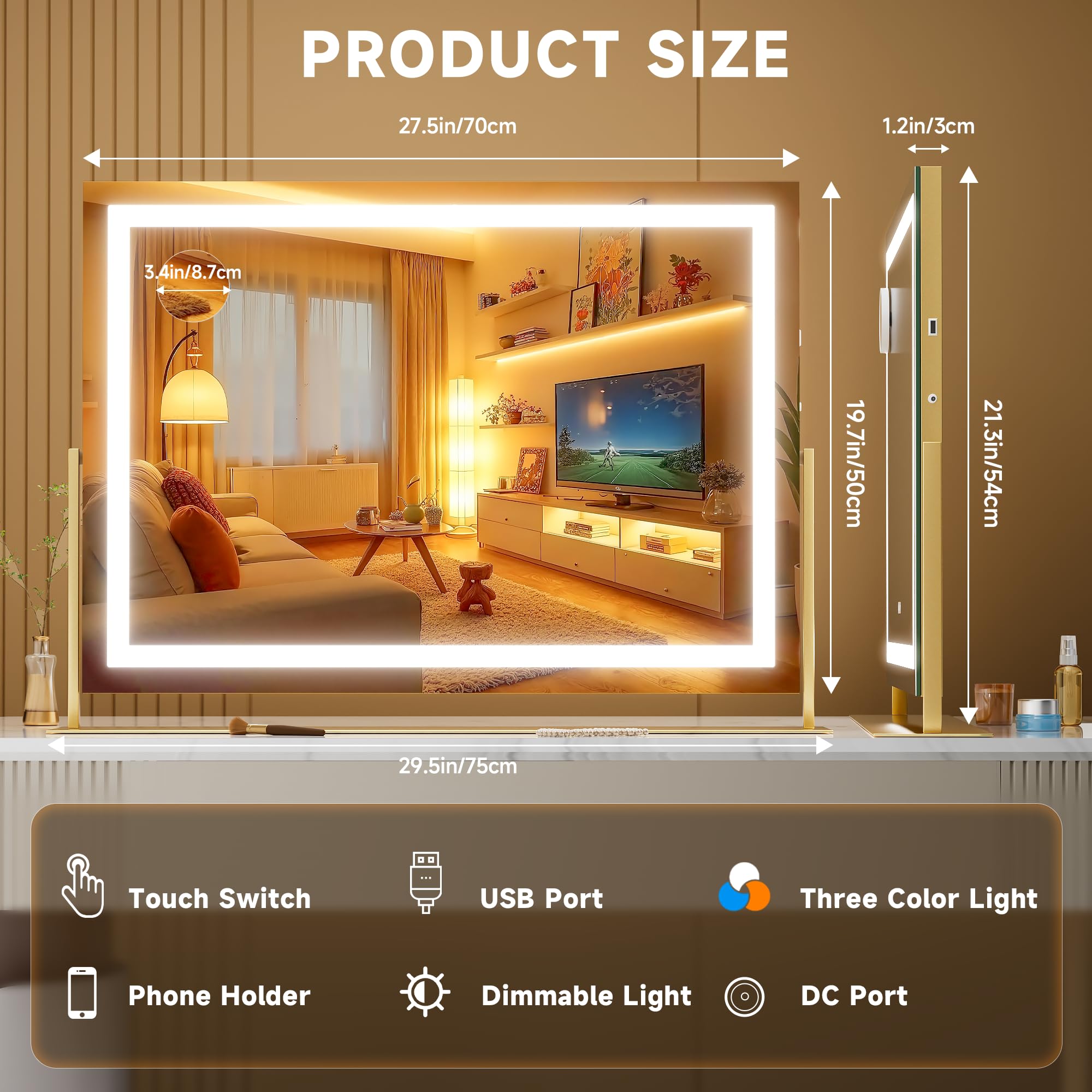 Hasipu Vanity Mirror with Lights, 28  x 20  LED Makeup Mirror, Light up Mirror with 10X Magnification and Phone Holder, USB Char
