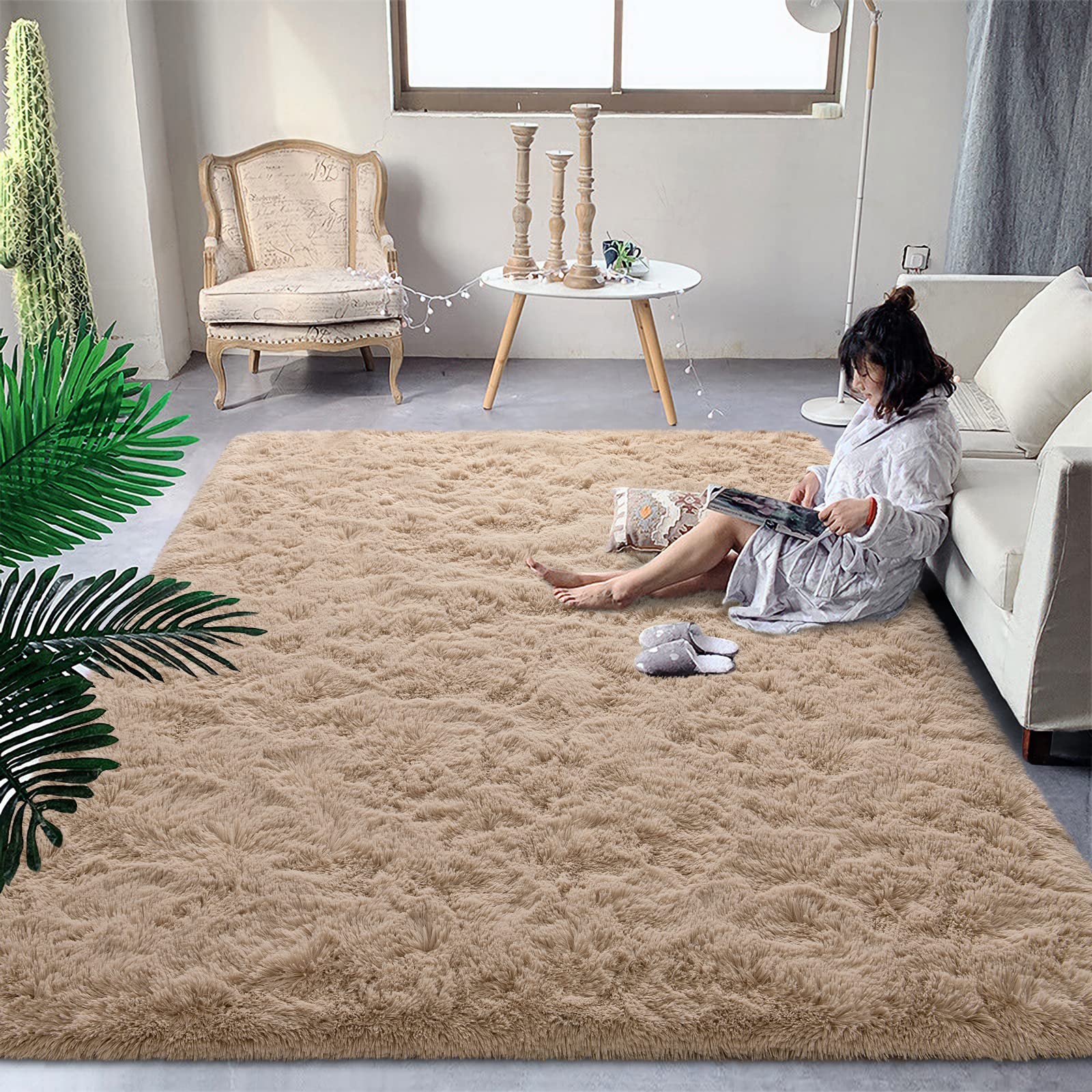 DweIke Fluffy Shaggy Area Rug, 6x9 Feet Beige Plush Rugs for Living Room Bedroom, Soft Carpets for Kids Girls Boys Room, Extra L
