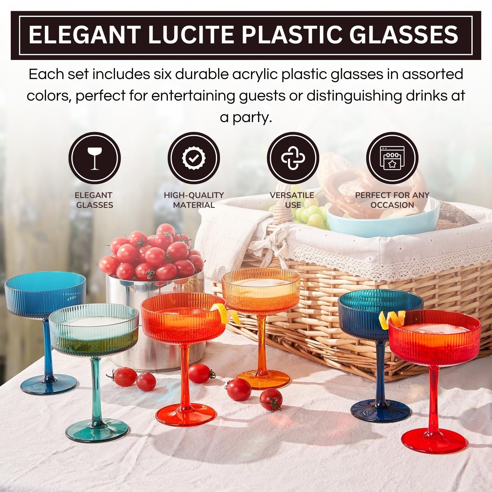 Shatterproof Acrylic Ribbed Vintage Art Deco Martini Set of 6