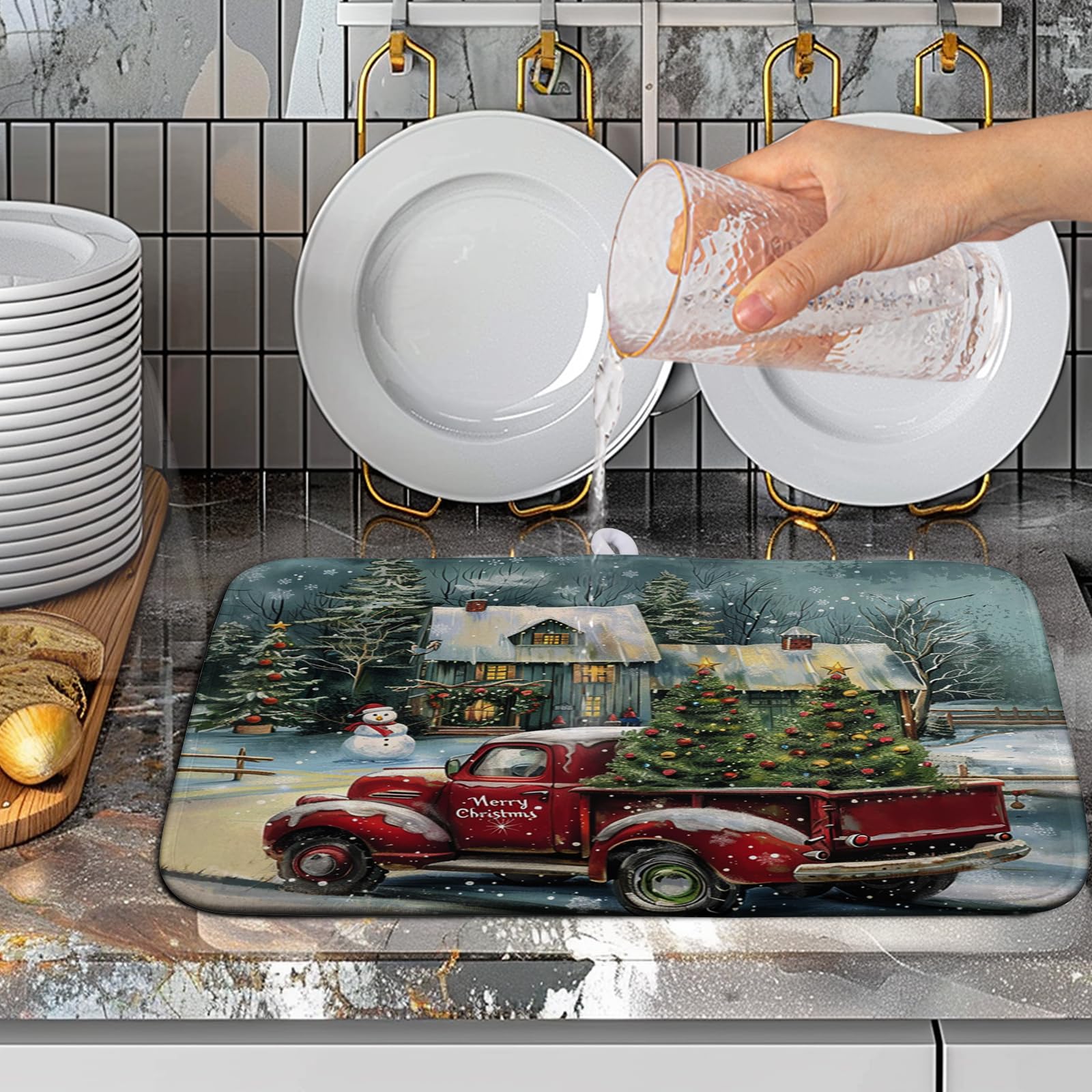 Vintage Snowman Christmas Kitchen Drying Mats - Red & Green Xmas Tree Pattern - Absorbent Microfiber Dish Rack Pads - 16x18 - Me