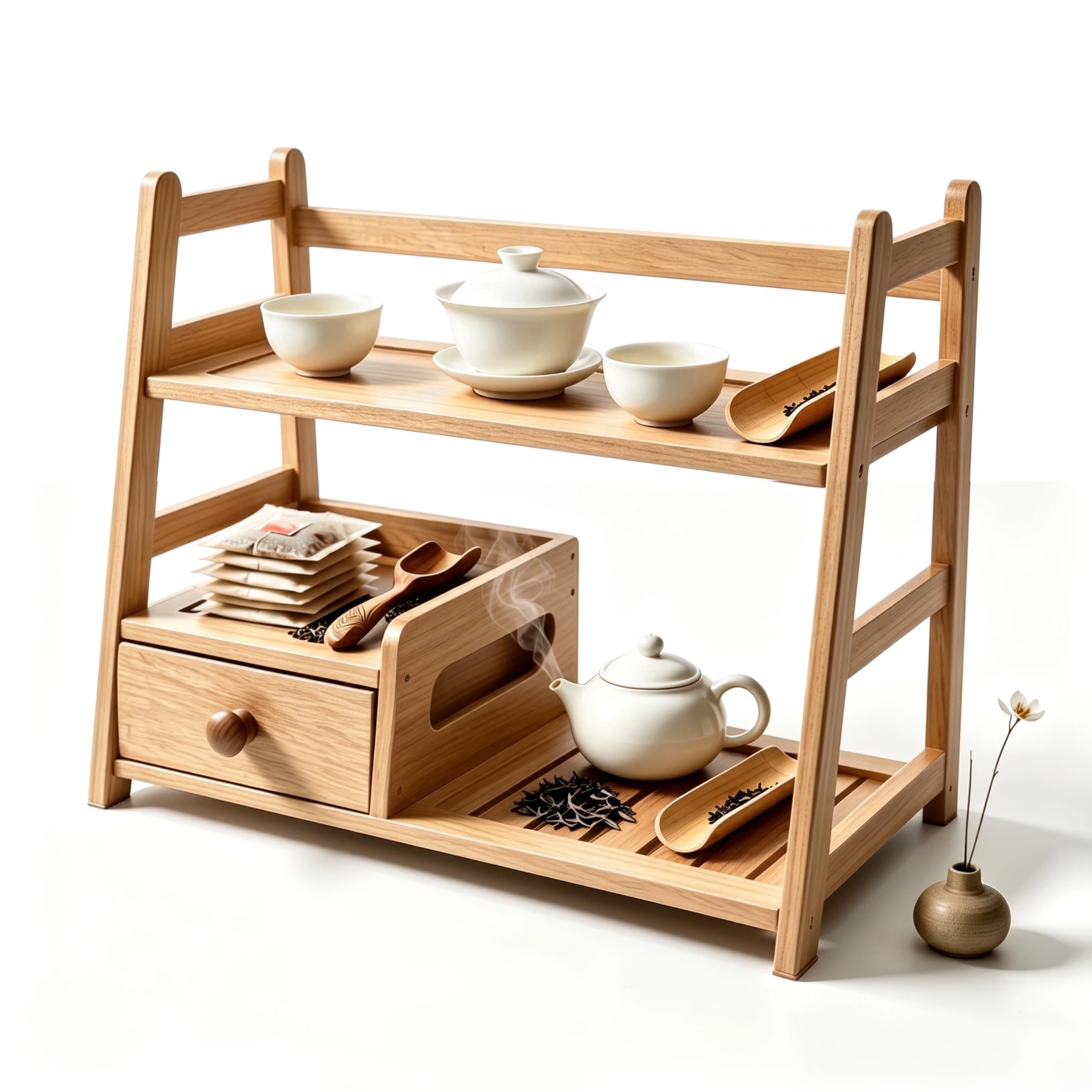 Lnncdsc Tea Matcha Coffee Bamboo Station with Drawer for Kitchen and Office