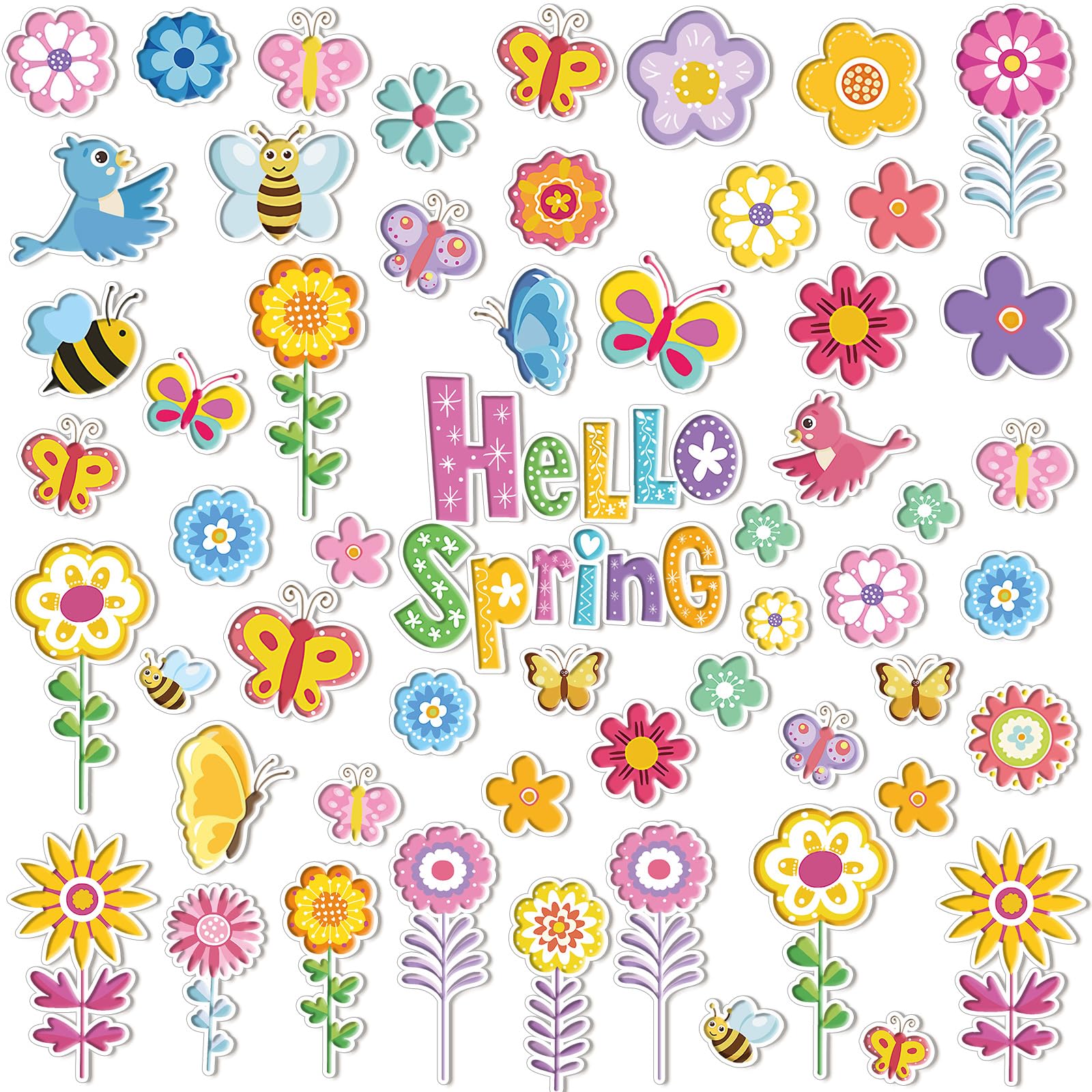 Tellingyou 57 Pcs Hello Spring Thick Gel Clings Colorful Flowers Butterfly Bee Bird Window Gel Decals Reusable Seasonal Floral W