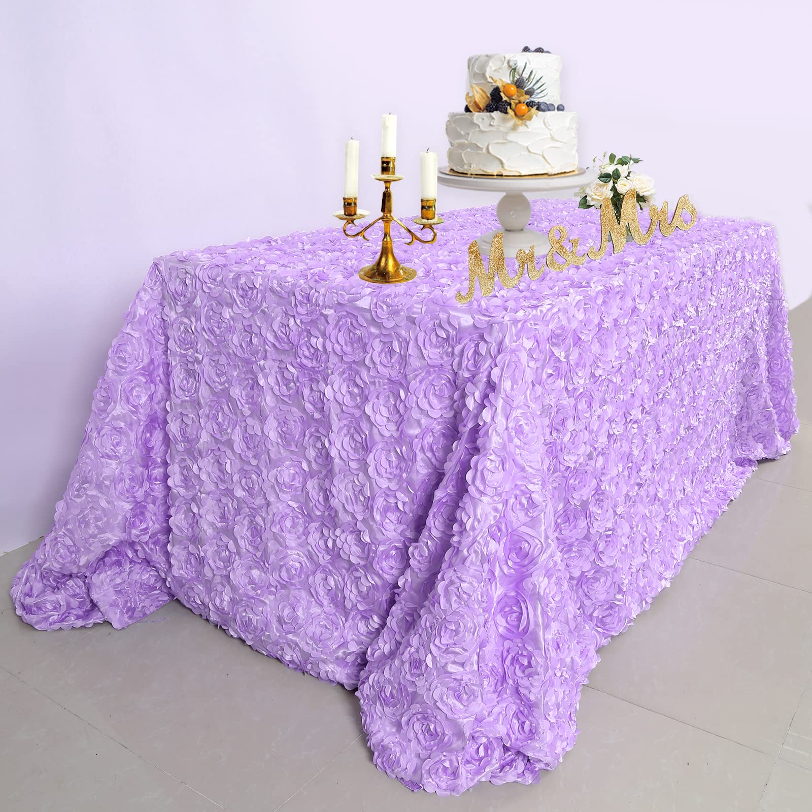 Fanqisi 50X102 Inches Rosette Satin Tablecloth Lavender Rosette Tablecloth 3D Rosette Table Line Rectangle Table Cover Wedding P