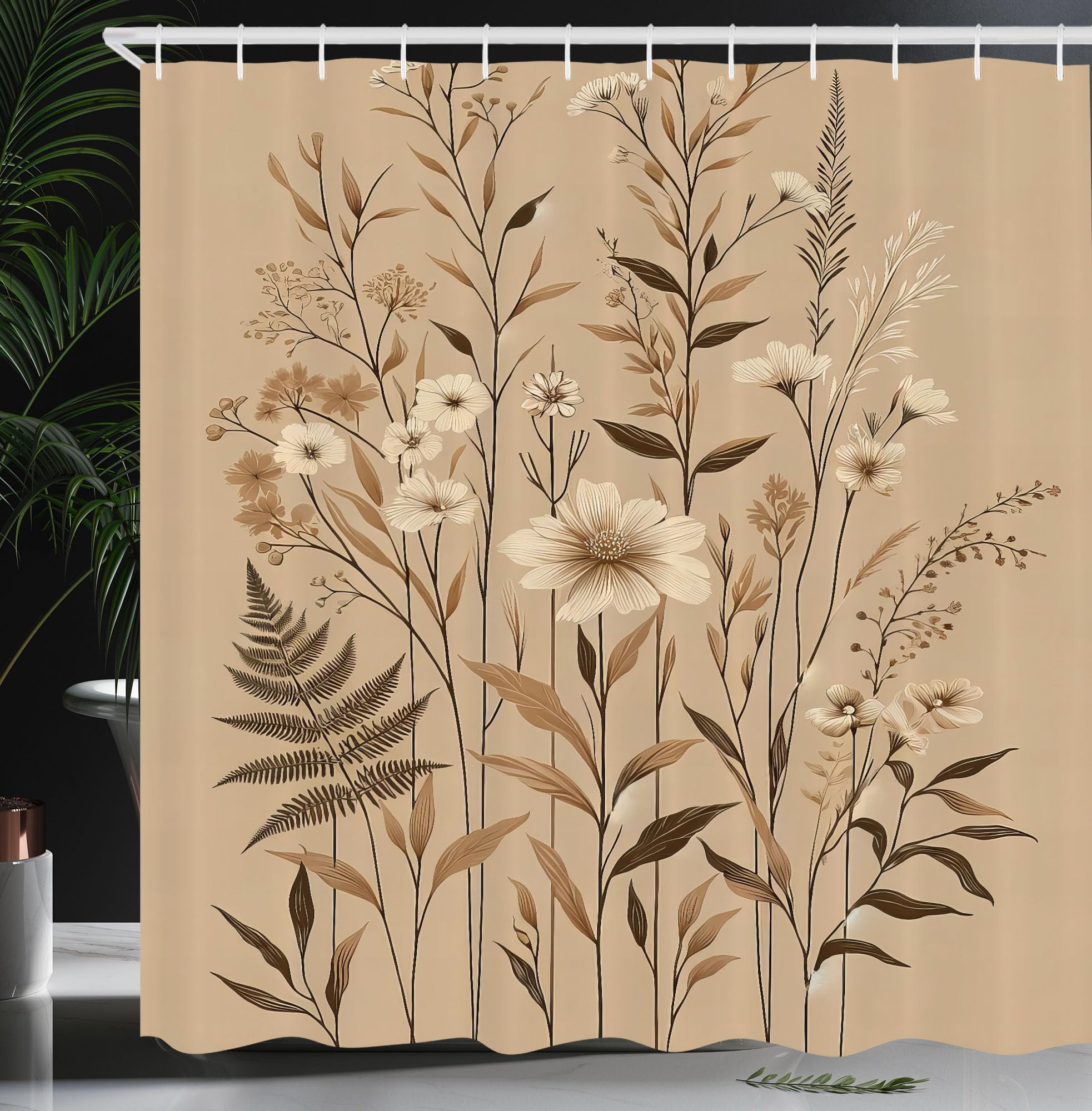 Ambesonne Tan Shower Curtain, Romantic Boho Nostalgic Minimalistic Monochromatic Wild Flowers Painting Print, Cloth Fabric Bathr