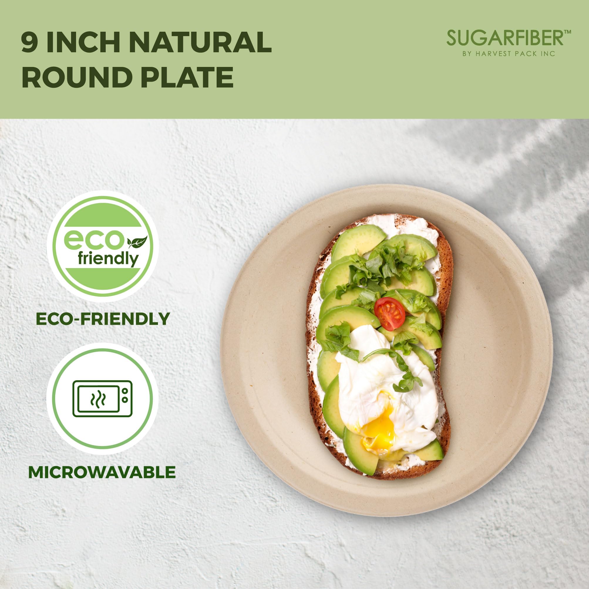 [100 Count]Sugarfiber By Harvest Pack 9-Inch Round Disposable Compostable Paper Plates, Heavy-Duty Natural Bagasse Biodegradable