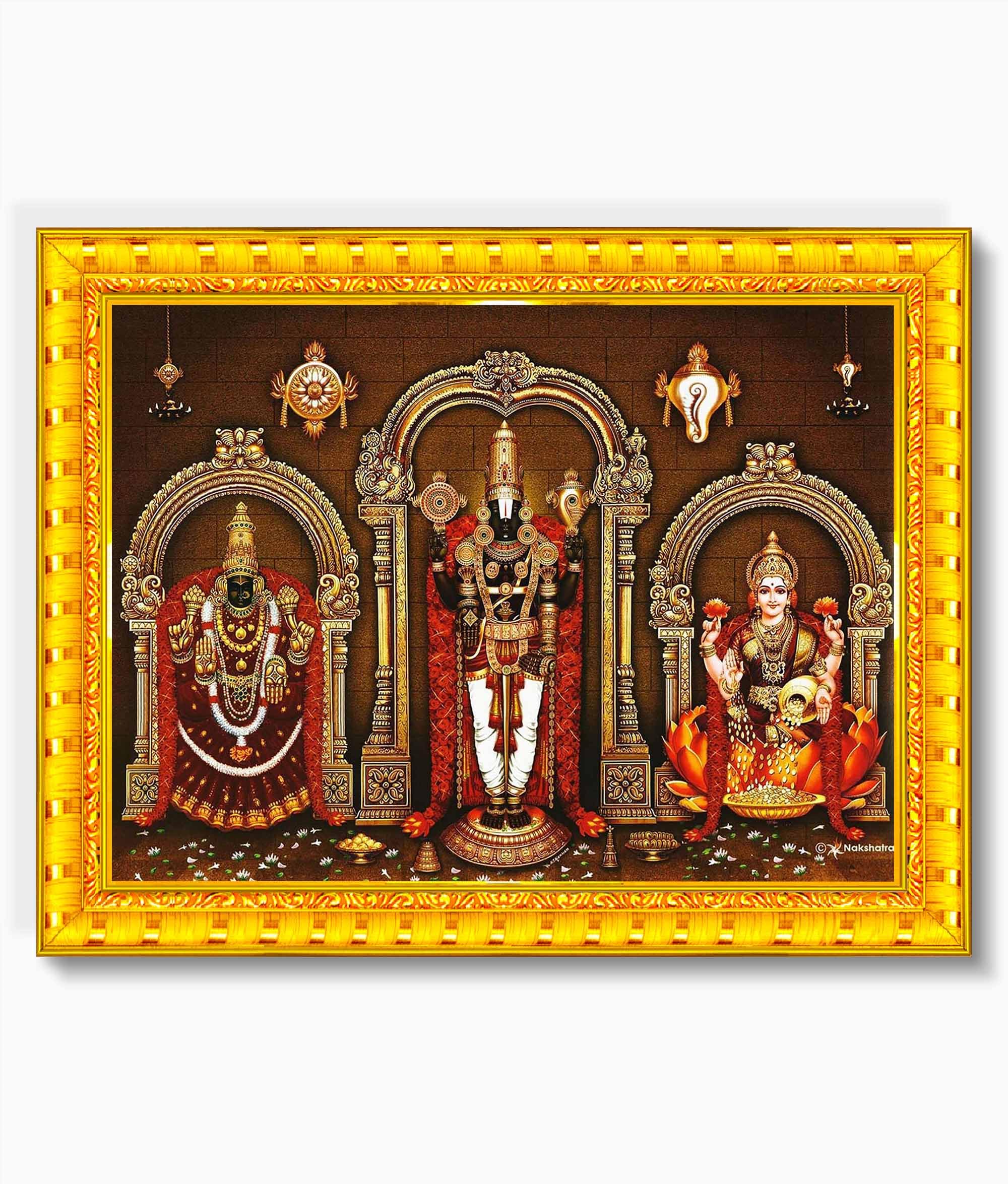 Pavan Photo Laminations Balaji Lakshmi Padmavati Venkateshwara Swamy Wall Painting Framed Home Decor (Wood,Matte,Gold,Big Size,1