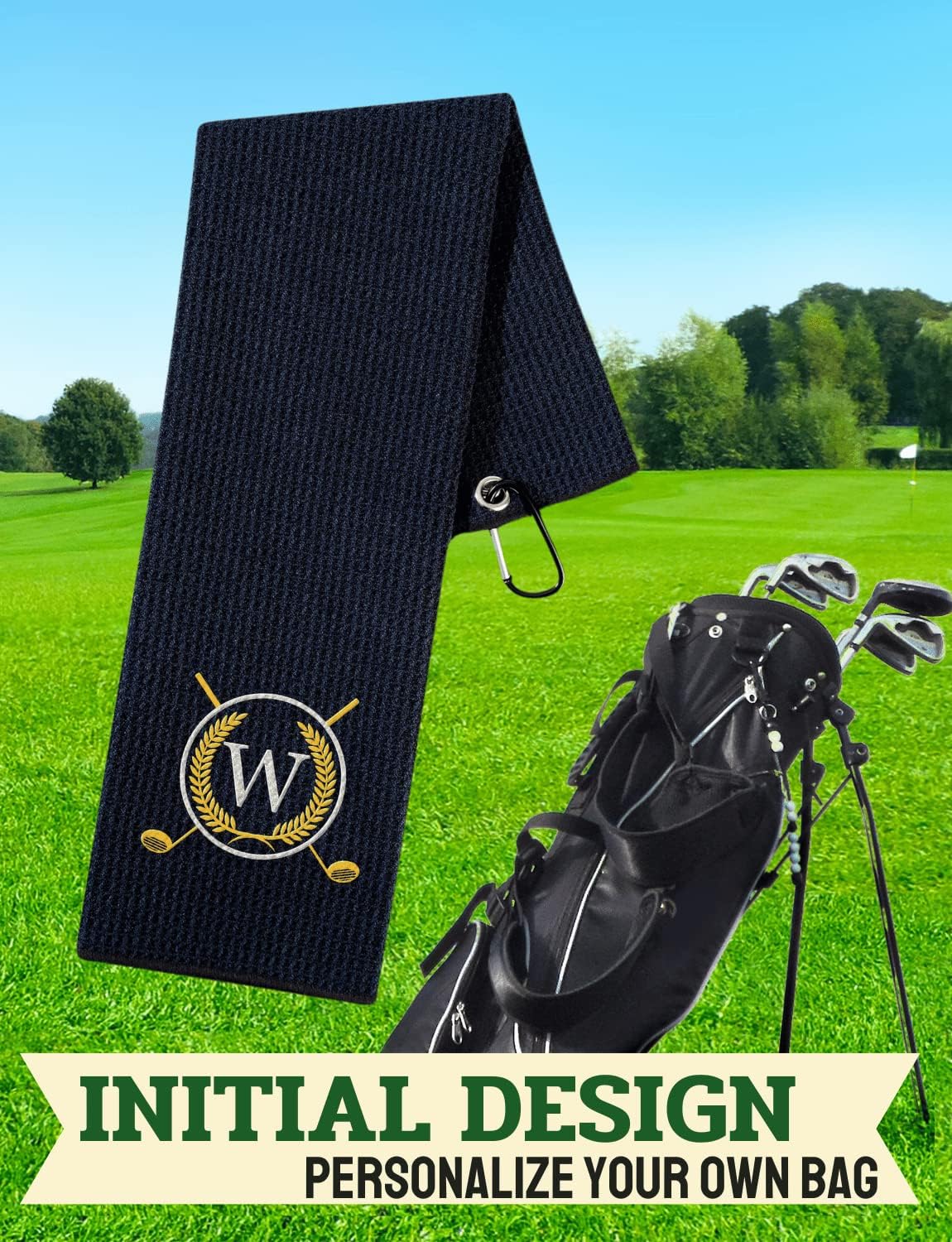 CybGene Golf Towel Gifts - Microfiber Golf Towels for Men and Women on Birthday, Christmas, 16 x 24 , Black, Initial A