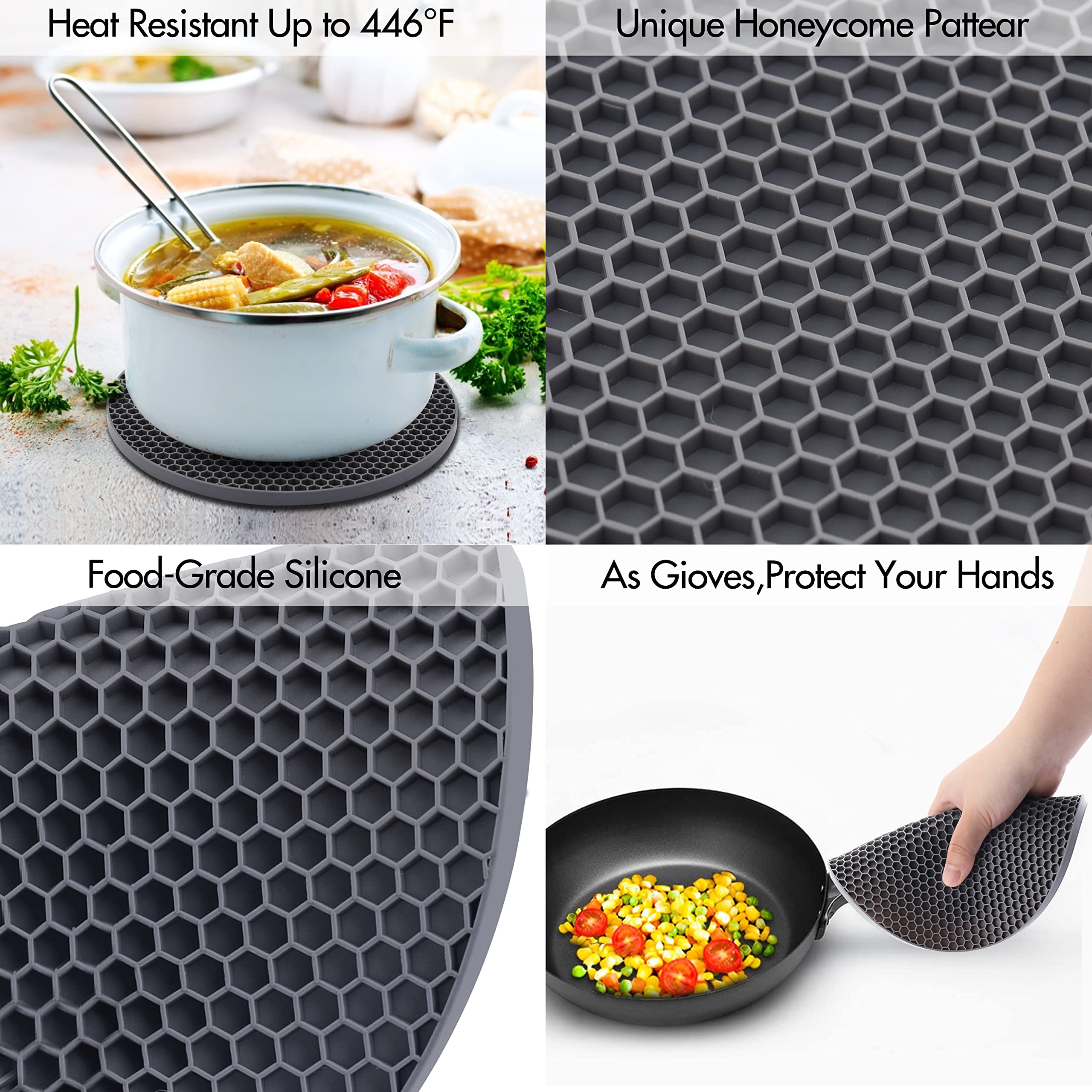 QPIX DIGITAL Silicone Trivets Set of 4, Heat Resistant, 7x7in, Dark Gray, Flexible & Durable Pot Mats for Hot Dishes