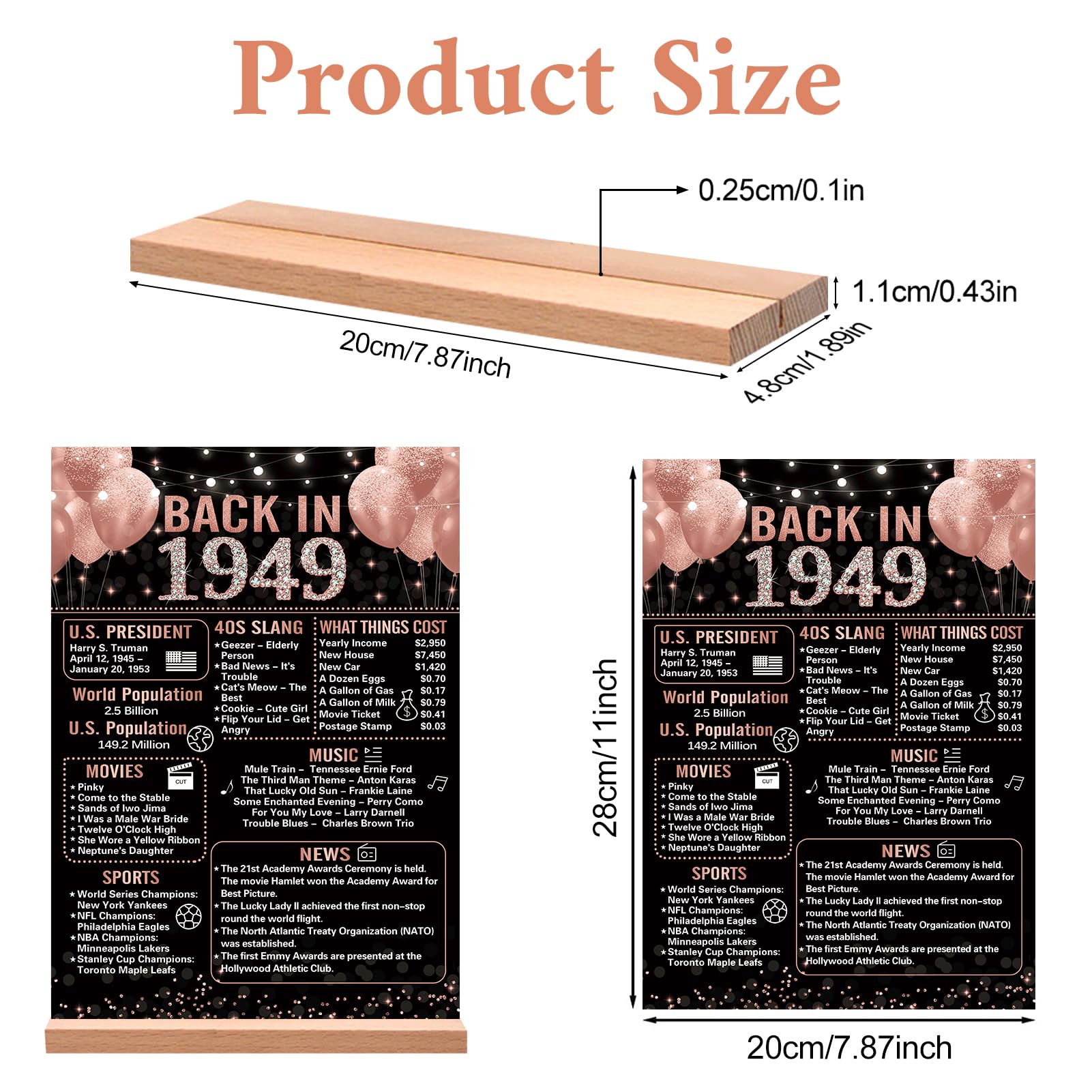 Trgowaul 75Th Birthday Anniversary Decorations For Women, Rose Gold Back In 1949 Birthday Poster Acrylic Table Sign With Stand,