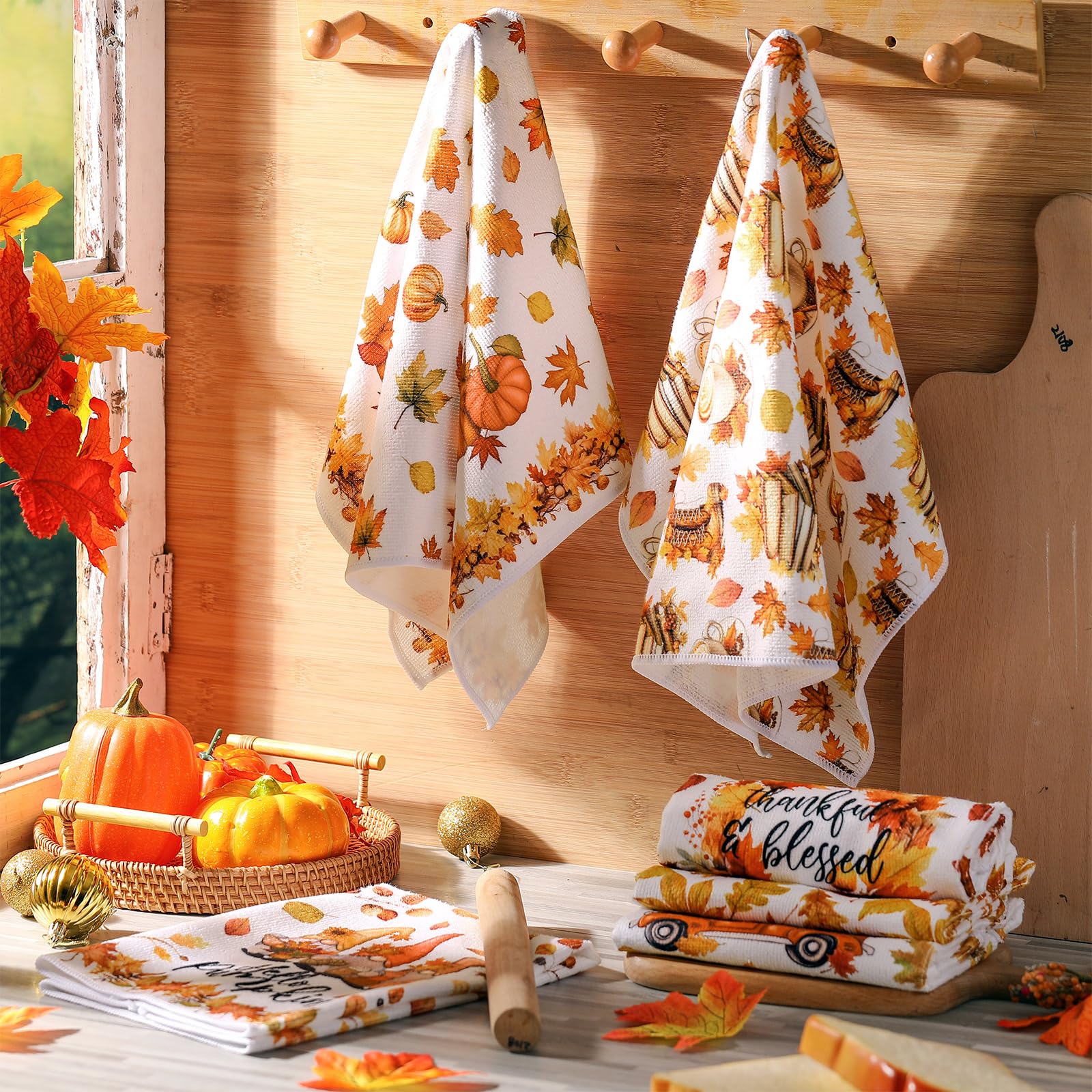 Windkream 6 Pieces Thanksgiving Kitchen Towels Maple Leaves Gnome Pumpkin Dishtowels 21.26 x 14.17 Inches Orange Autumn Bathroom