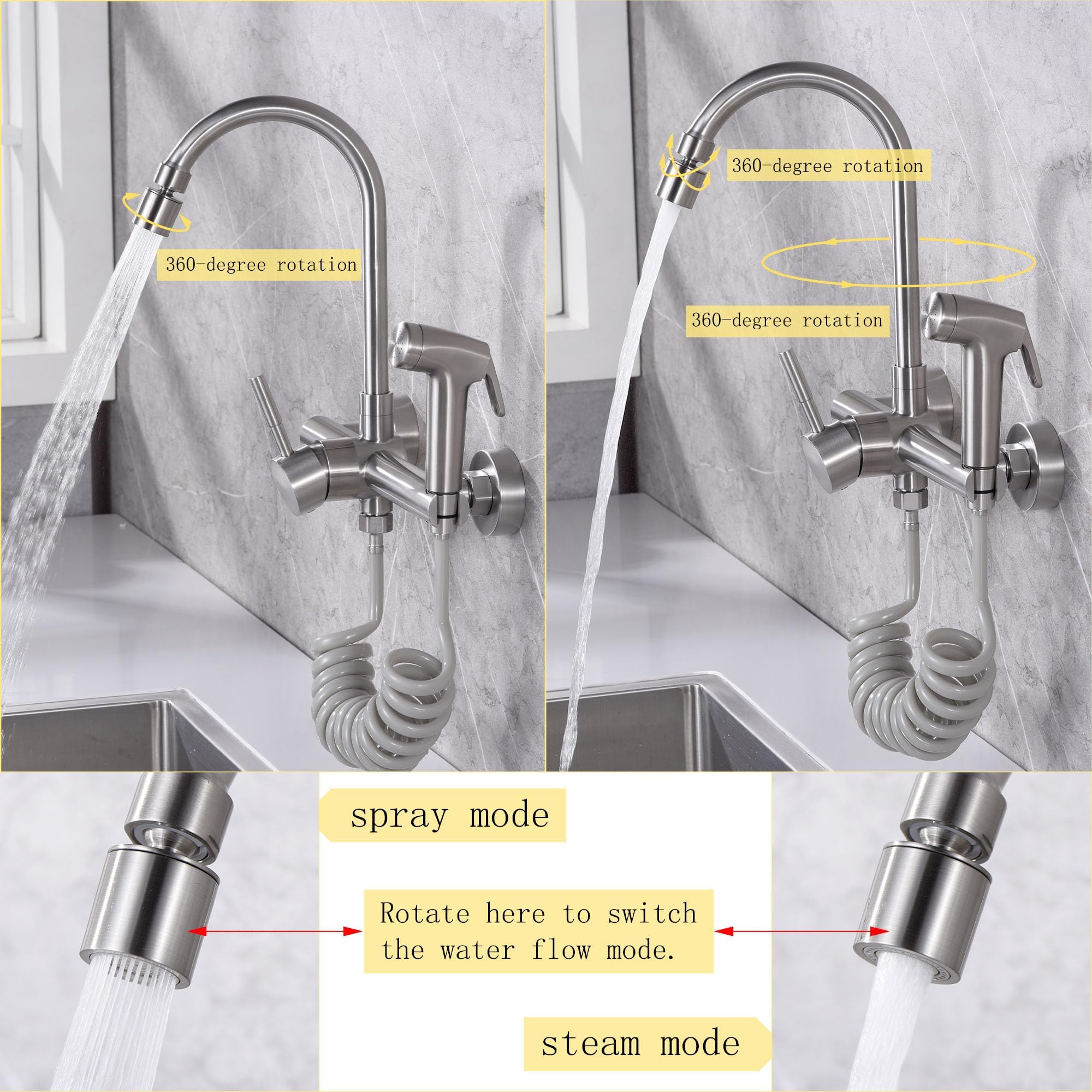 Zhyich Wall Mount Kitchen Faucet With Side Sprayer, Commercial Sink Faucets 8 Inch Center, 360 Swivel Spout And Dual Functional