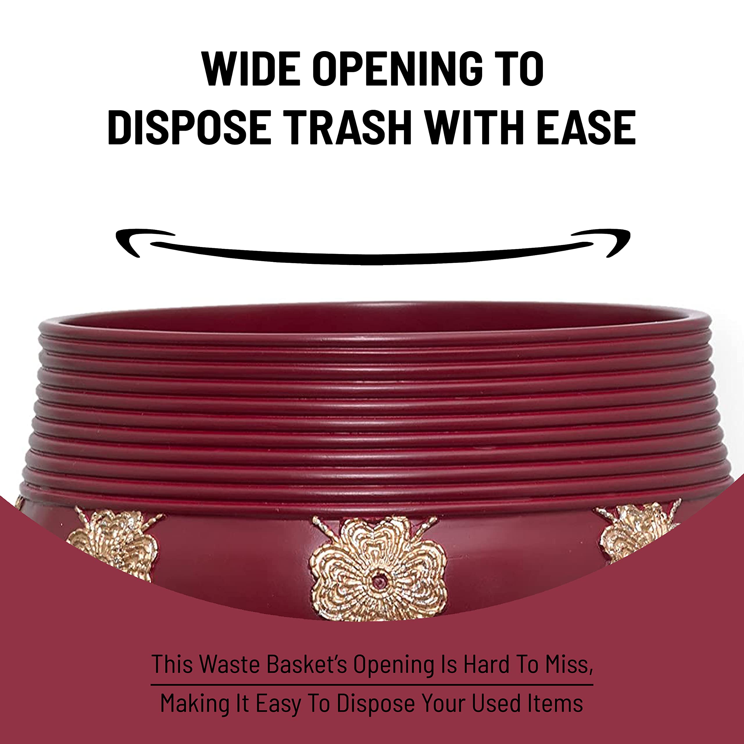 Popular Bath Vlegant Rosa Collection Resin Trash Can, Burgundy/Gold, 2.1 Gallons