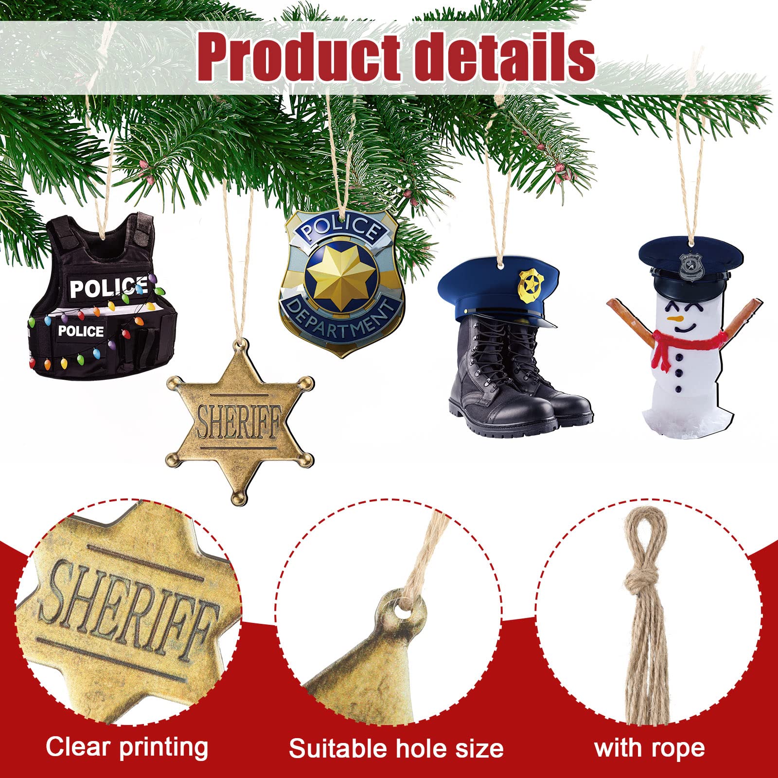 Yookeer 36 Pieces Police Christmas Ornaments Police Boots Shield Car Wooden Officer Hanging Ornaments Policeman American Flag Ch