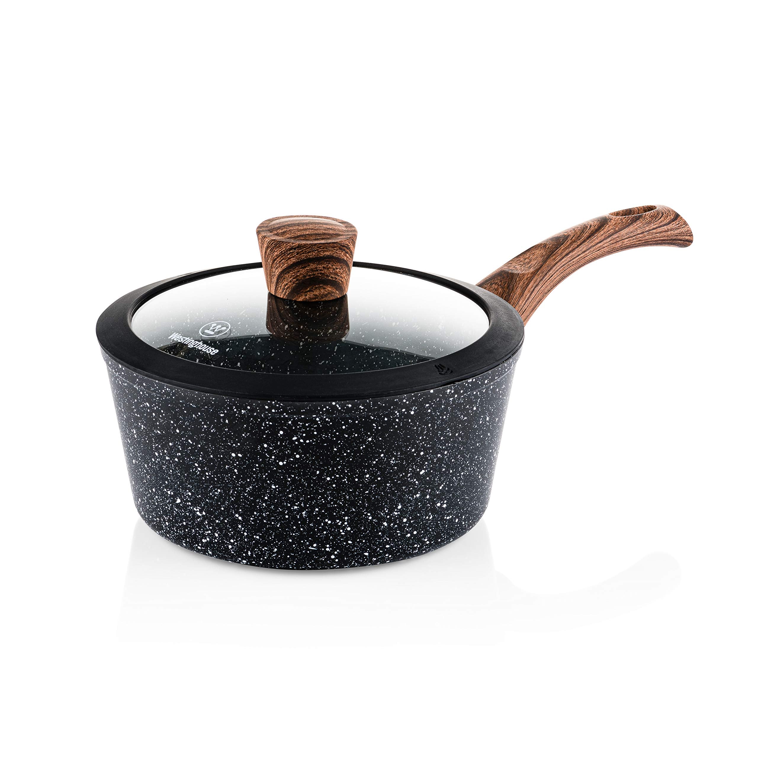 Westinghouse Black Marble Series Non Stick Saucepan 20 Cm With Glass Lid,3-Layer Marble Coating,Forged Aluminium,Riveted Handles