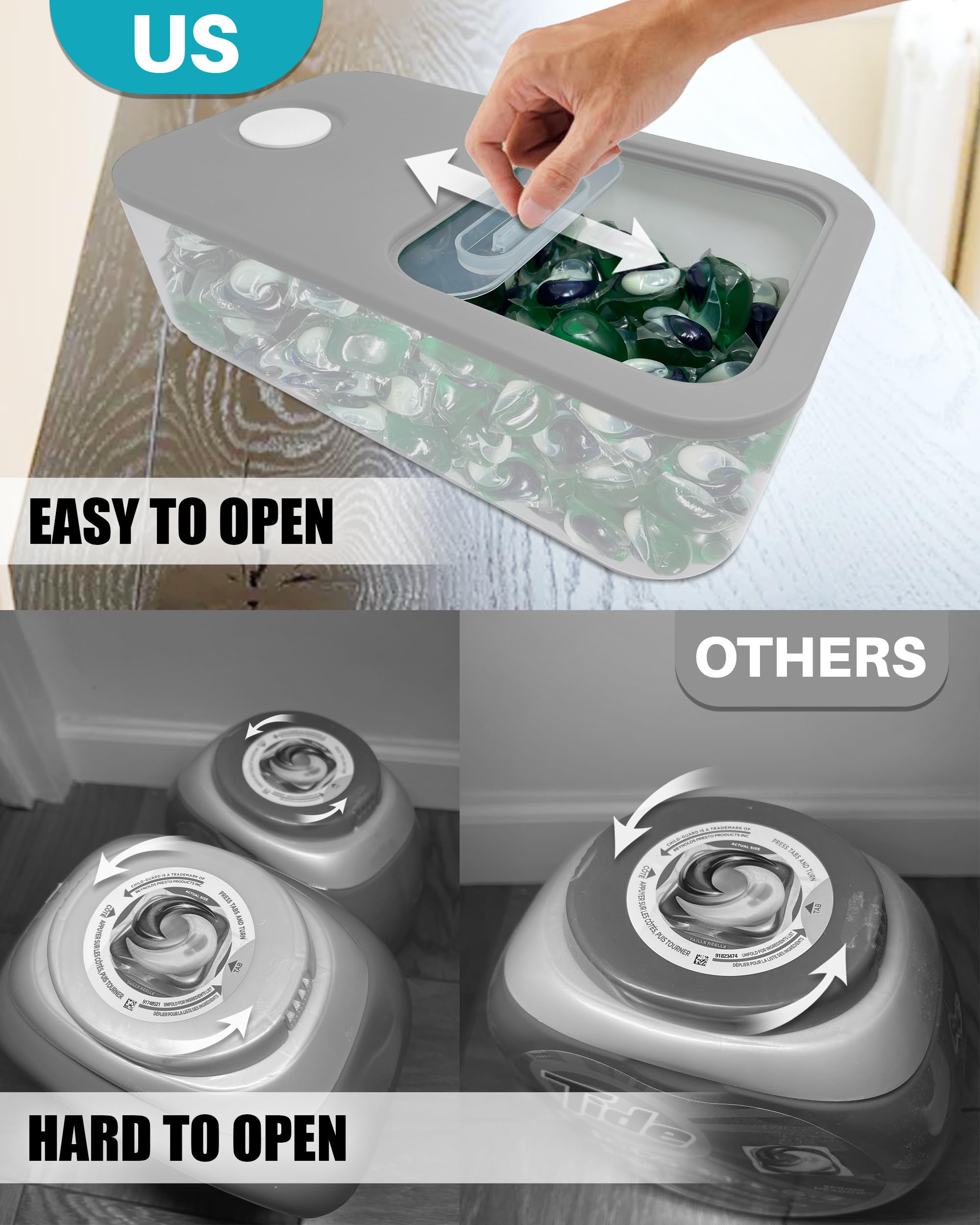 Skywin Laundry Pod Container (Clear) With Slide Lid (Grey) -15   X8.7   X4.5   - Holds 11 Pounds, Fits 2 Bottles Of Laundry Dete