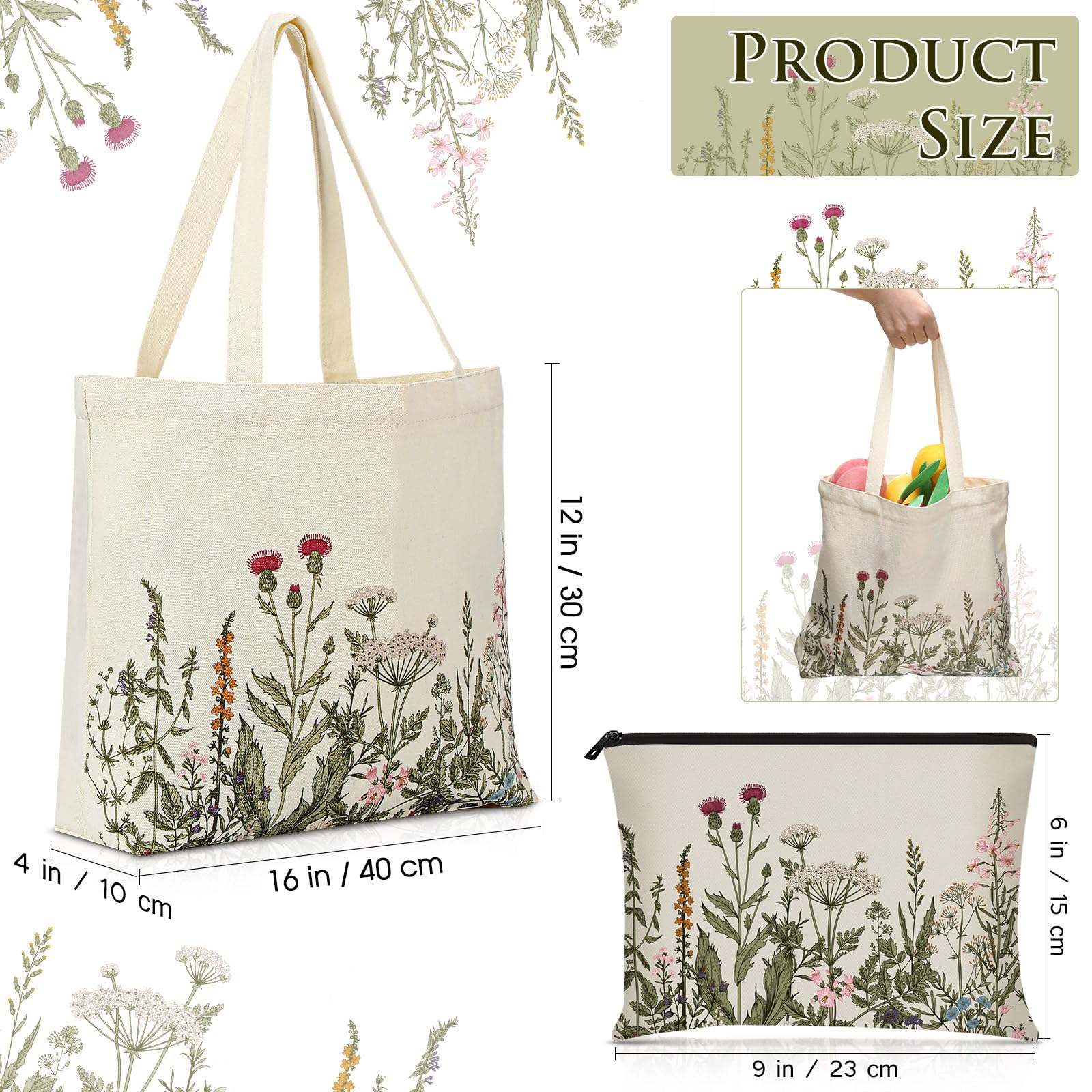Sadnyy 2 Pcs Wildflower Canvas Tote Bags For Women Cute Aesthetic Floral Makeup Bags End Of School Year Gift For Students Teache