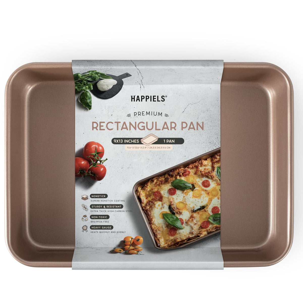 Happiels Nonstick Non Toxic 9X13 In Baking Pan For Oven | Cake Pan 9 X 13 Non Stick Nontoxic | Carbon Steel Gold Brownies Pans 1