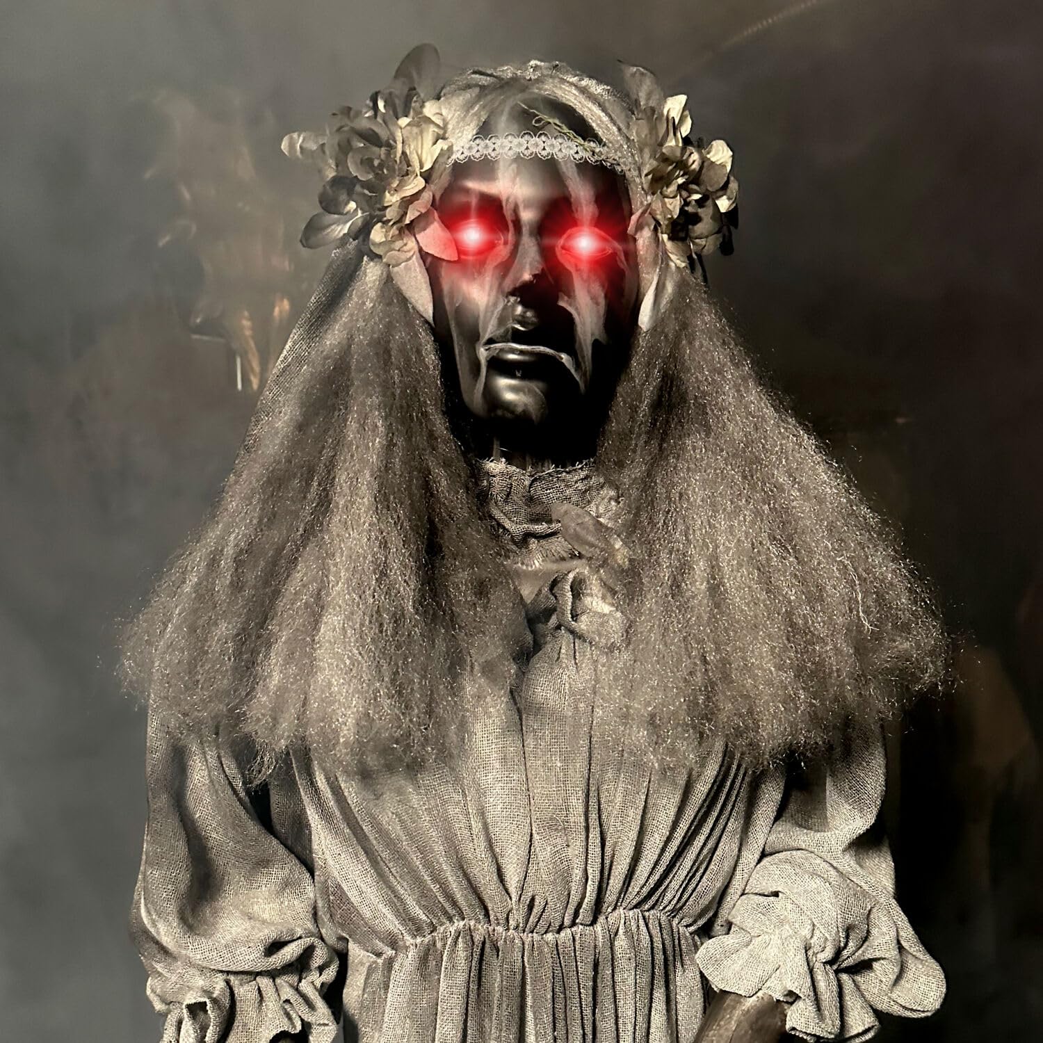 Haunted Hill Farm Lifesize 5.5-Ft Animatronic Scary Haunted Lady Statue with Touch Activated Lights and Sound, Battery-Operated