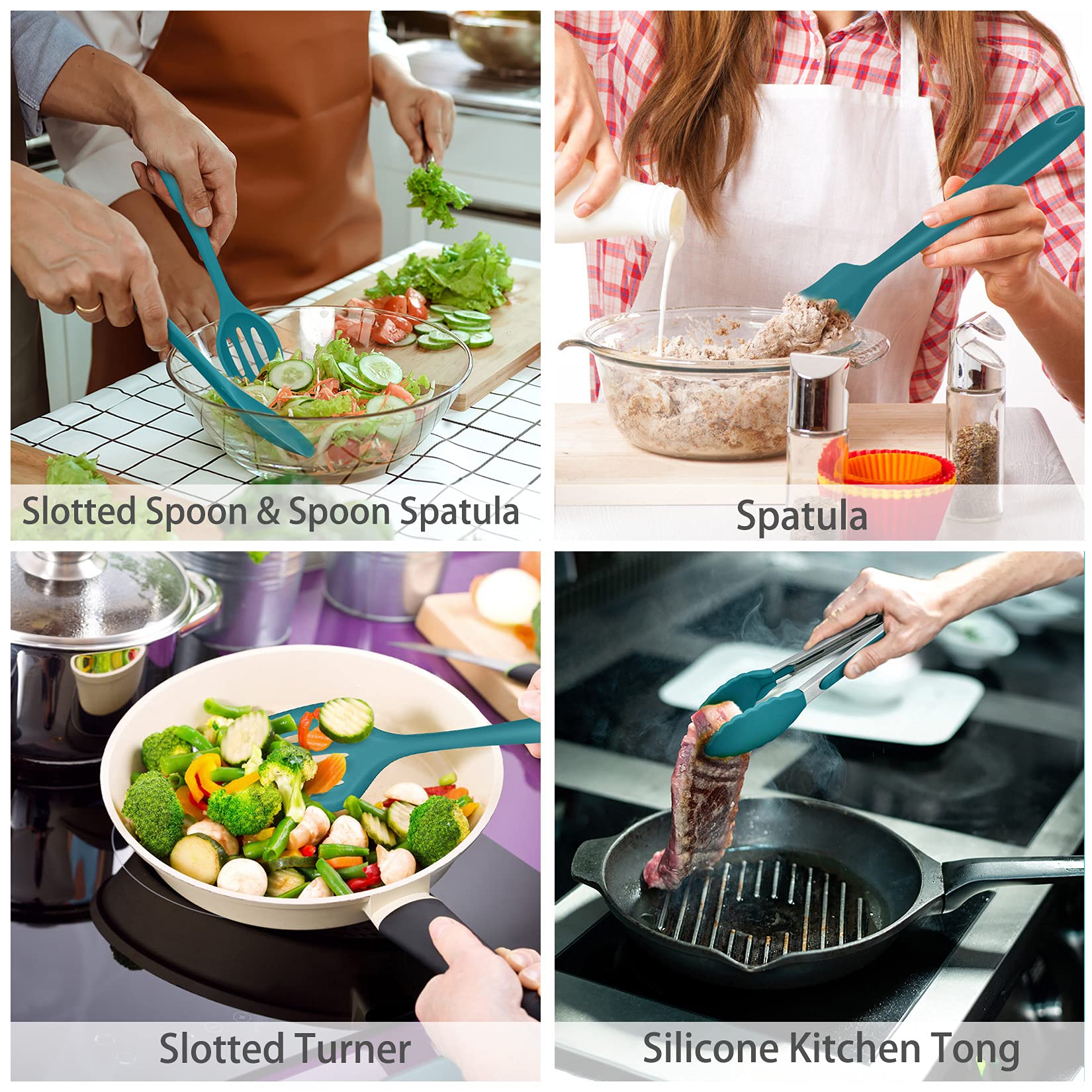 Kitchen Cooking Utensils Set, P&P Chef Blue Silicone Baking Utensils For Non-Stick Cookware, Turner, Ladle, Spoon, Spatula For S