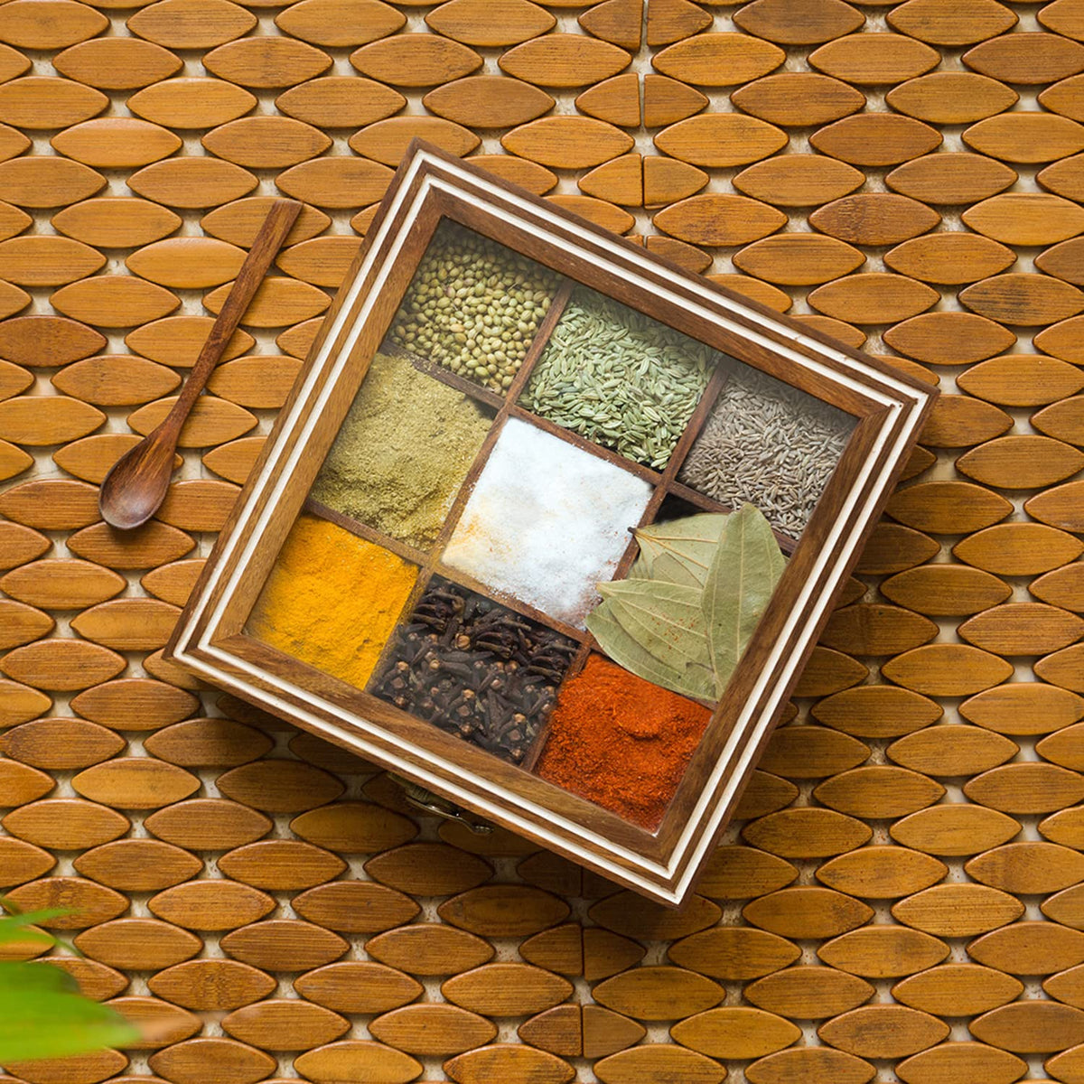 ExclusiveLane Wooden Spice Box | Masala Dabba with 9 Compartments | Size - 8x8x2 inches | Namak Daani with Spoon & See Through L