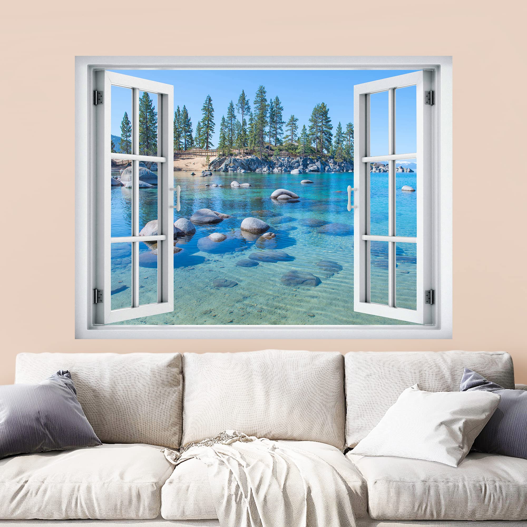 wall26 Removable Wall Sticker/Wall Mural Window View Vibrant Summer Season Forest Vibrant Lake Nature Wilderness Photography Realism Landscape Multicolor for Living Room  Bedroom  Office - 36''x48''