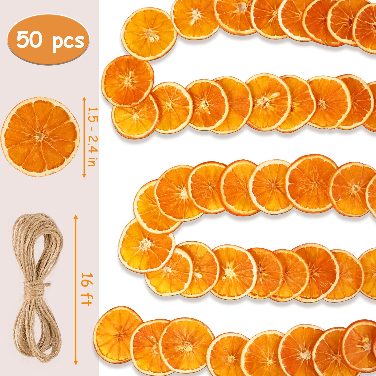 50 Pcs Dried Orange Slices, Natural Rustic Ornament for Hanging Decorations, Christmas Wreath Making Supplies with Hemp Rope, DI