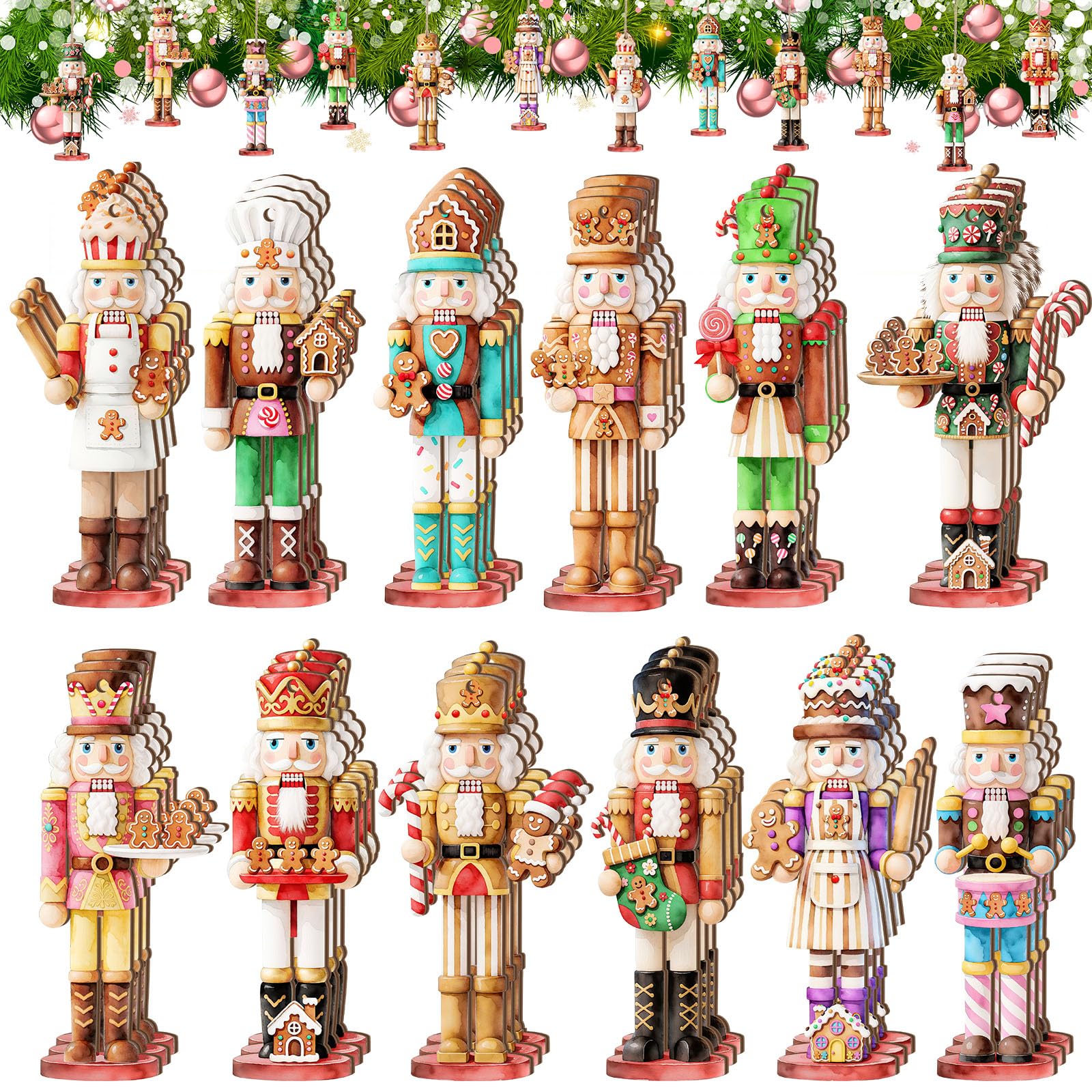 Quzzil 36 Pcs Christmas Nutcracker Ornaments for Tree Mini Wooden Xmas Soldier Hanging Nutcrackers Figures Tree Decoration with 