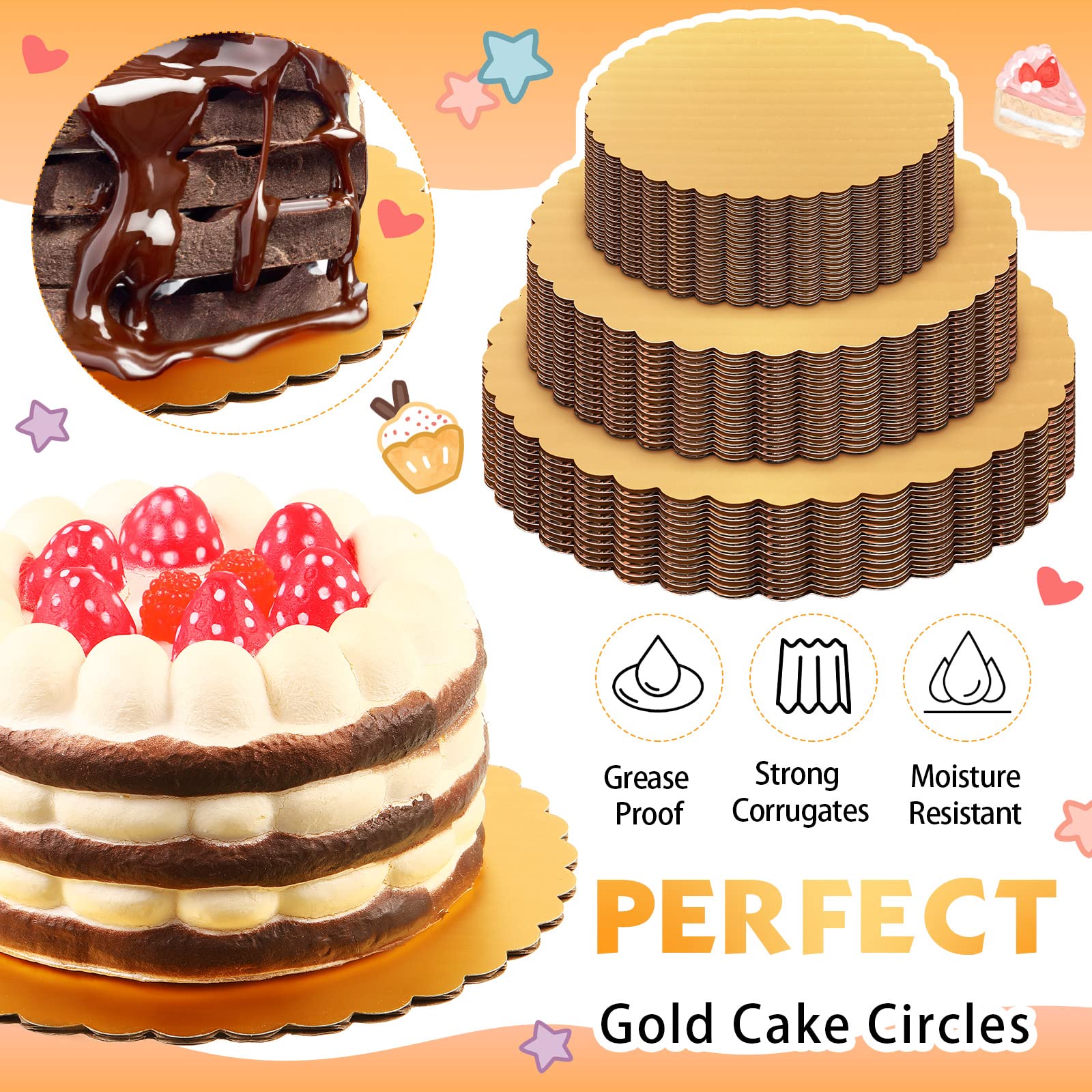 Eaasty 60 Packs Gold Cakeboard Rounds Cake Circles Base Boards Disposable Cake Plates, Coated Corrugated Cake Tray Scalloped Bas
