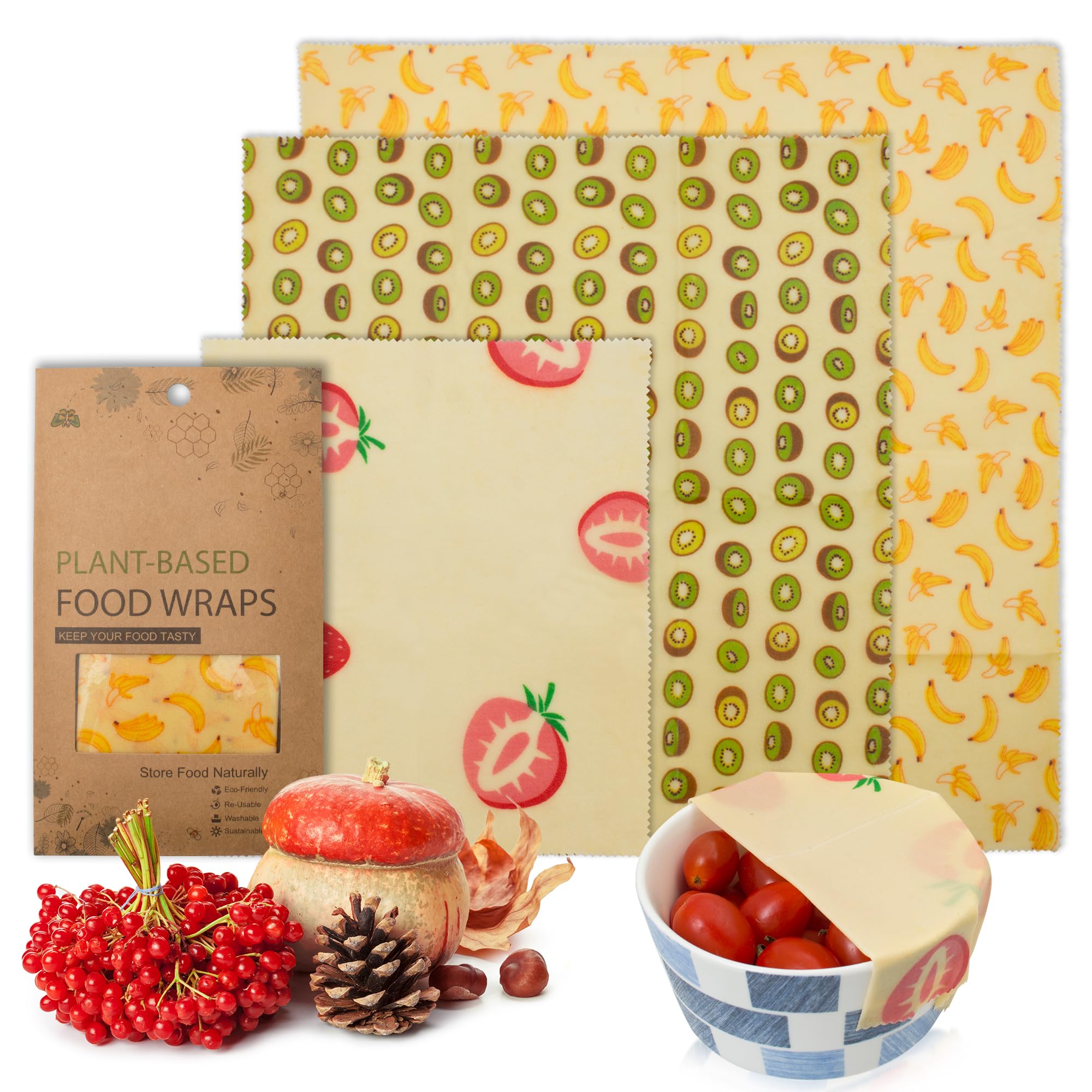 EZGOODZ Reusable Soy Wax Wrap S, M, L. Pack of 3 Soy Wax Food Wraps. Washable Reusable Wax Food Wrap with Fruit Print. Organic S