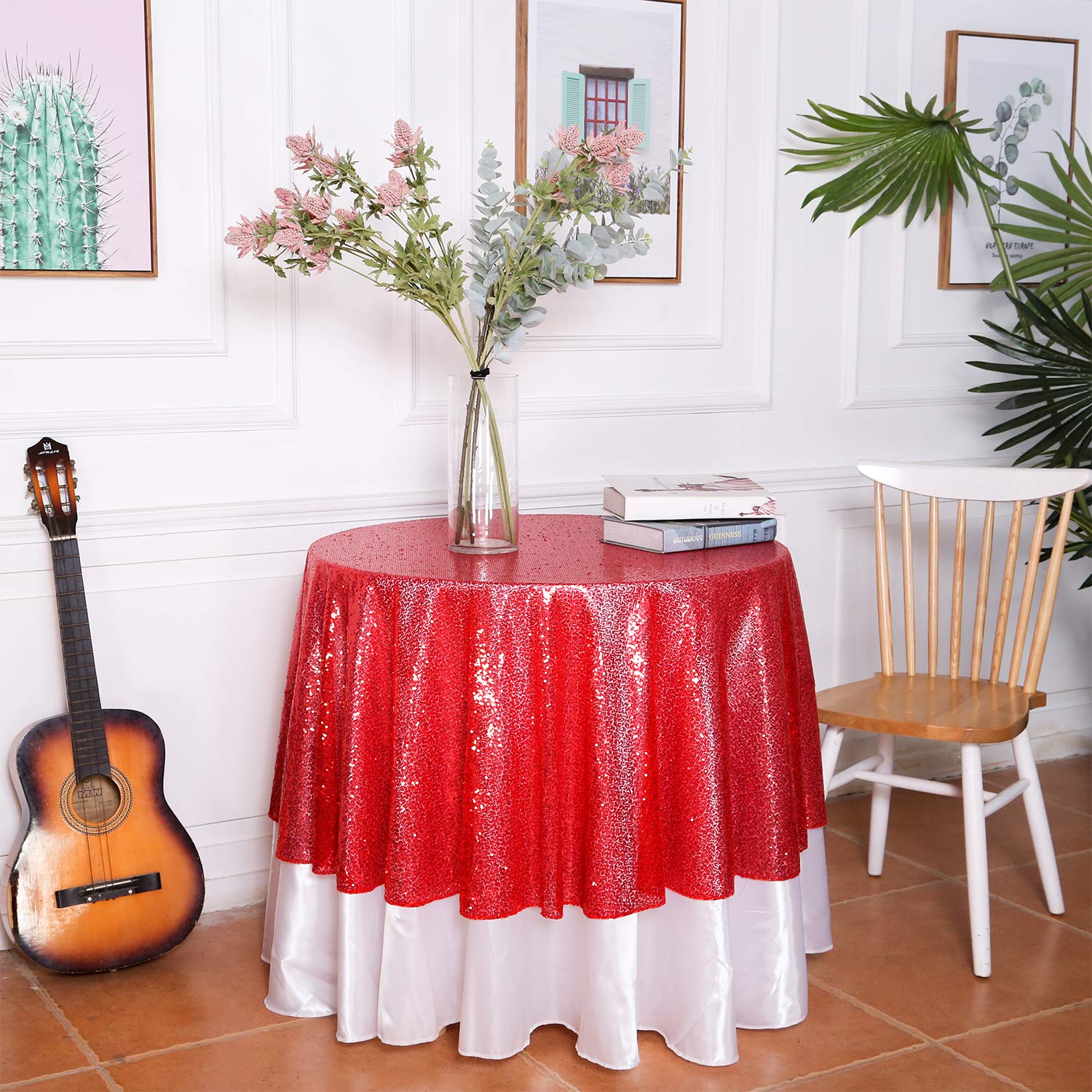 Eternal Beauty Red 48'' Round Sequin Tablecloth- Sparkly Sequin Overlay For Wedding Party/Dessert Table/Christmas Decoration(48-