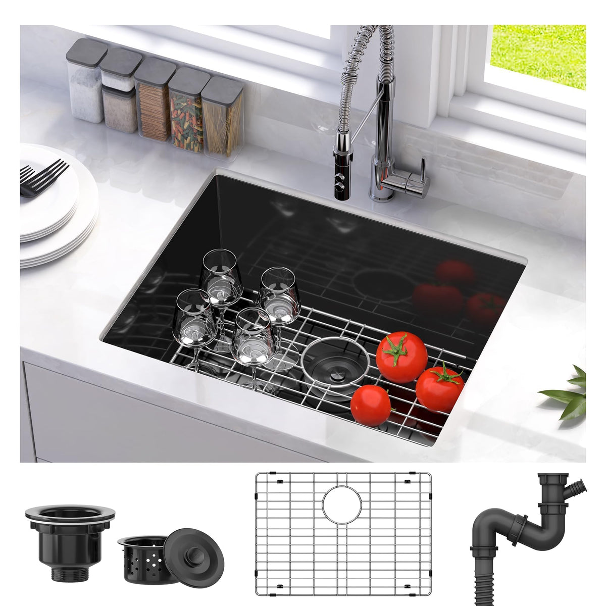 Yitahome Black Kitchen Sink 23In Undermount Sink Single Bowl 16 Gauge Stainless Steel Nano Gunmetal Black Sink With Accessories