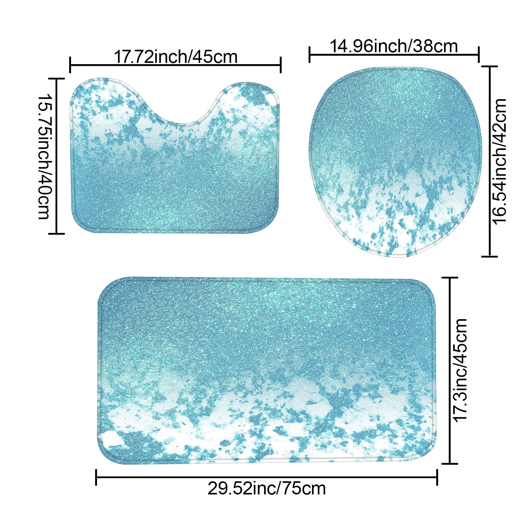Beifivcl 4Pcs Blue Flash Shower Curtain Sets With Non-Slip Rugs, Toilet Lid Cover And Bath Mat, Glitter Marble Bathroom Decor Se
