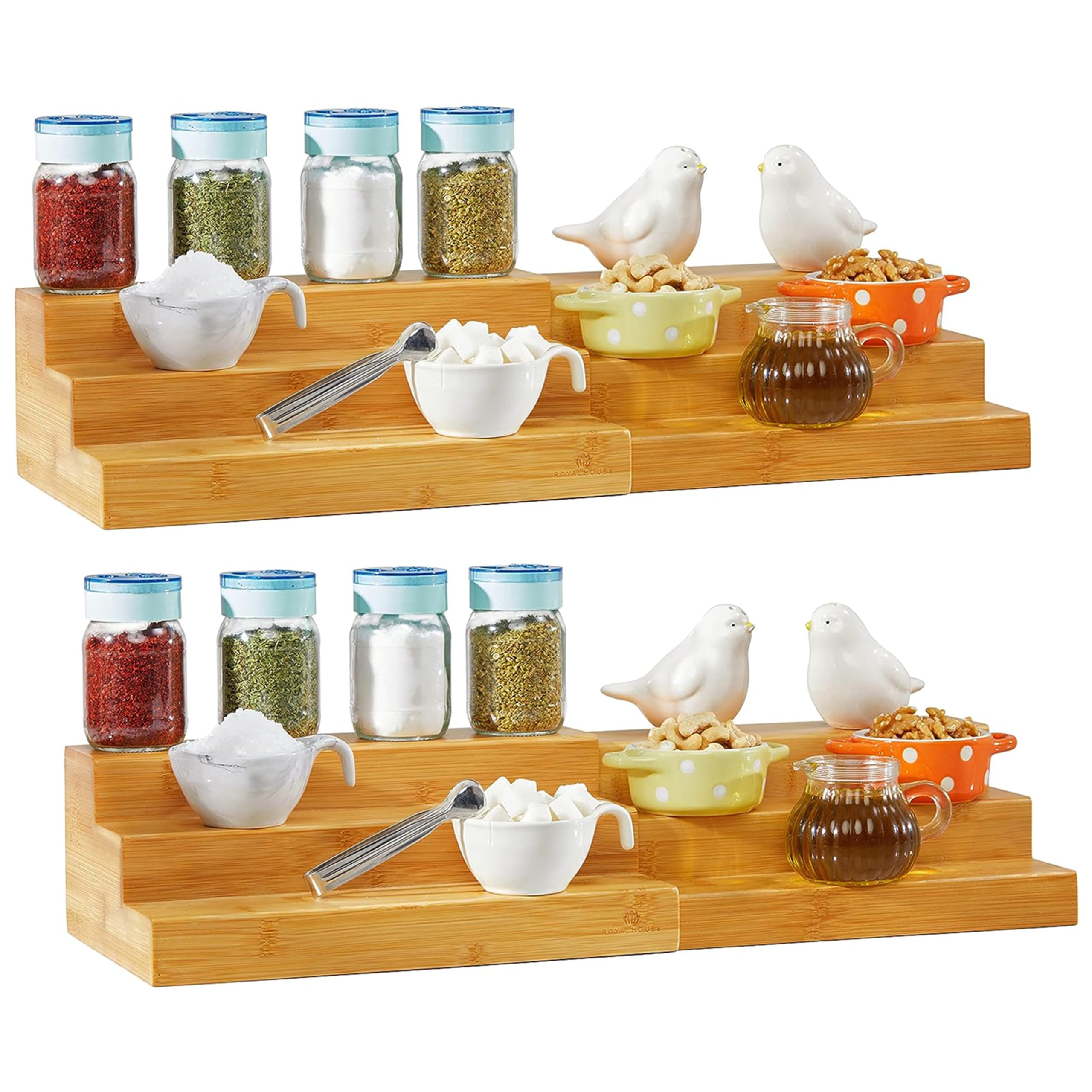 Royalhouse Bamboo Expandable Spice Rack Organizer, 3-Tier Adjustable Kitchen Cabinet, Countertop Display Shelf, Space Organizer