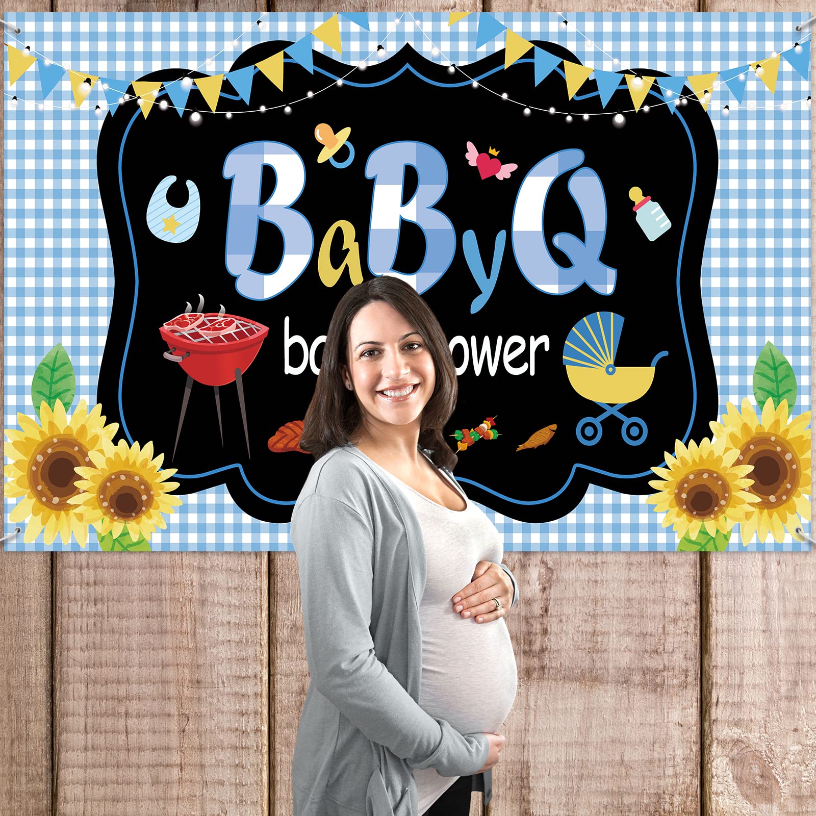 IPonfees Large Size BBQ Baby Shower Backdrop, 71x43 Inch Blue Vinyl Banner, Includes 236 Rope, Perfect for Baby Shower, Birthd