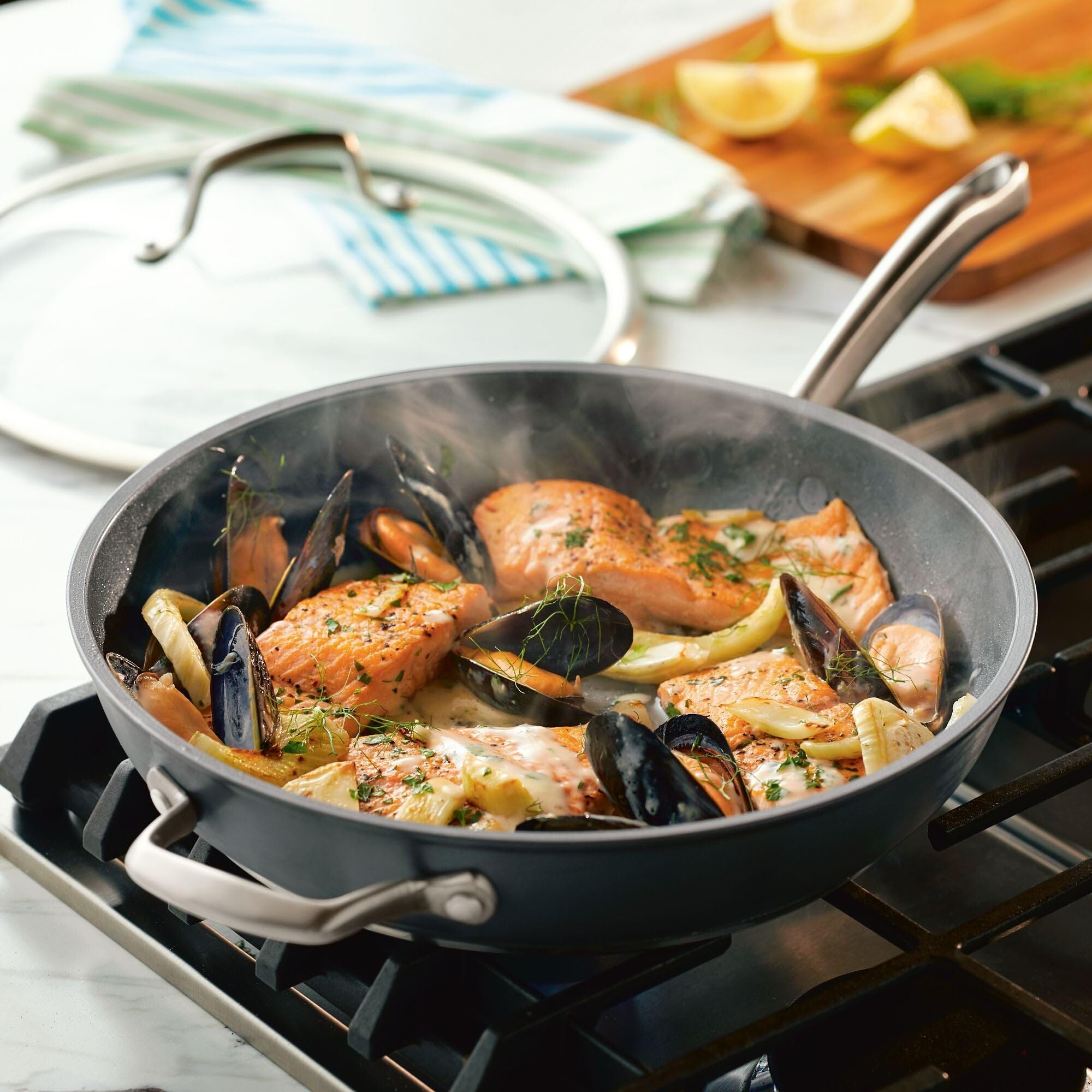 Anolon Accolade Forged Hard Anodized Nonstick Deep Frying Pan / Skillet With Helper Handle And Lid, 12 Inch - Moonstone Gray