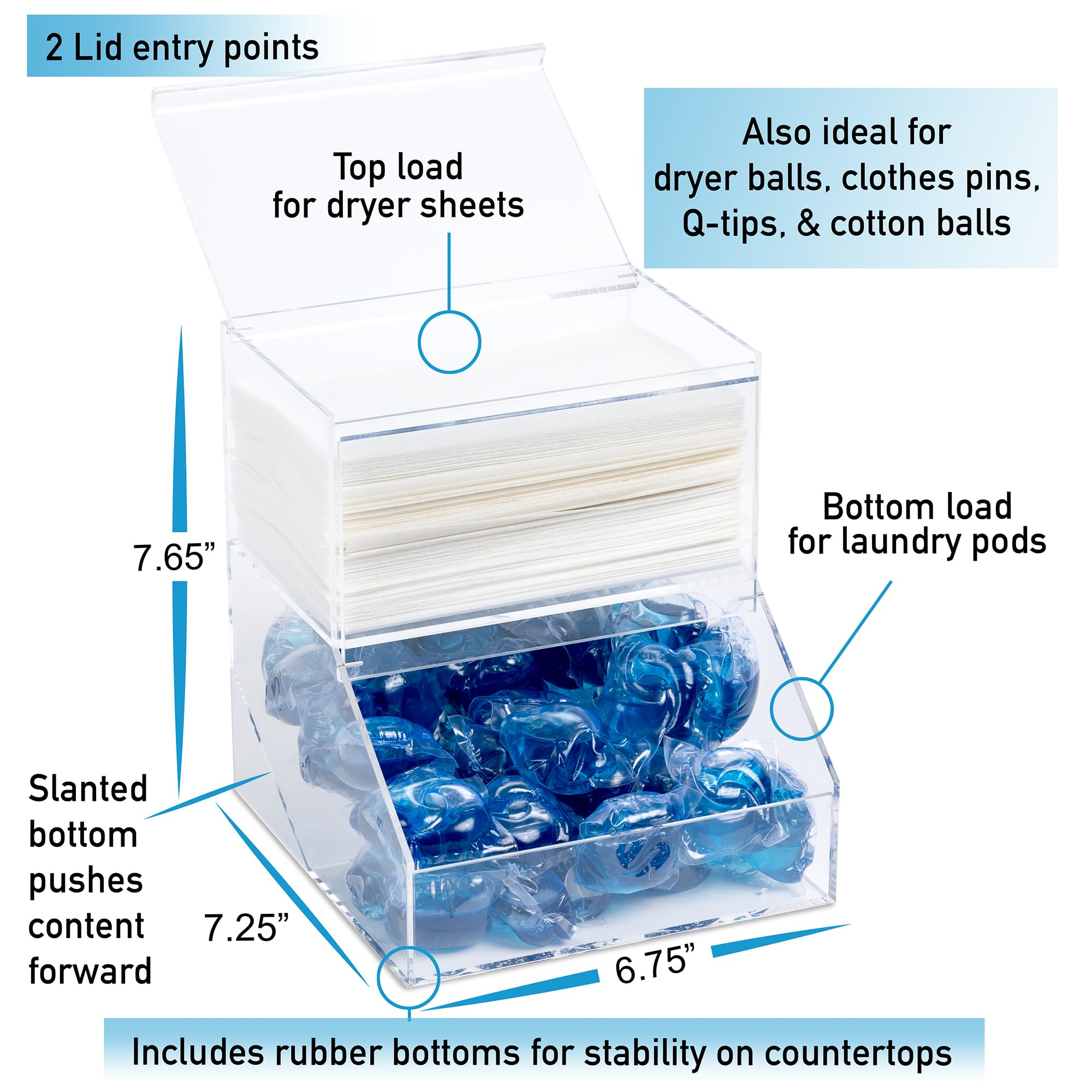 Inevibe Laundry Pod Holder & Dryer Sheet Dispenser - 2 Compartment Acrylic Container W/Lids For Storing Clothes Pins, Cotton Bal