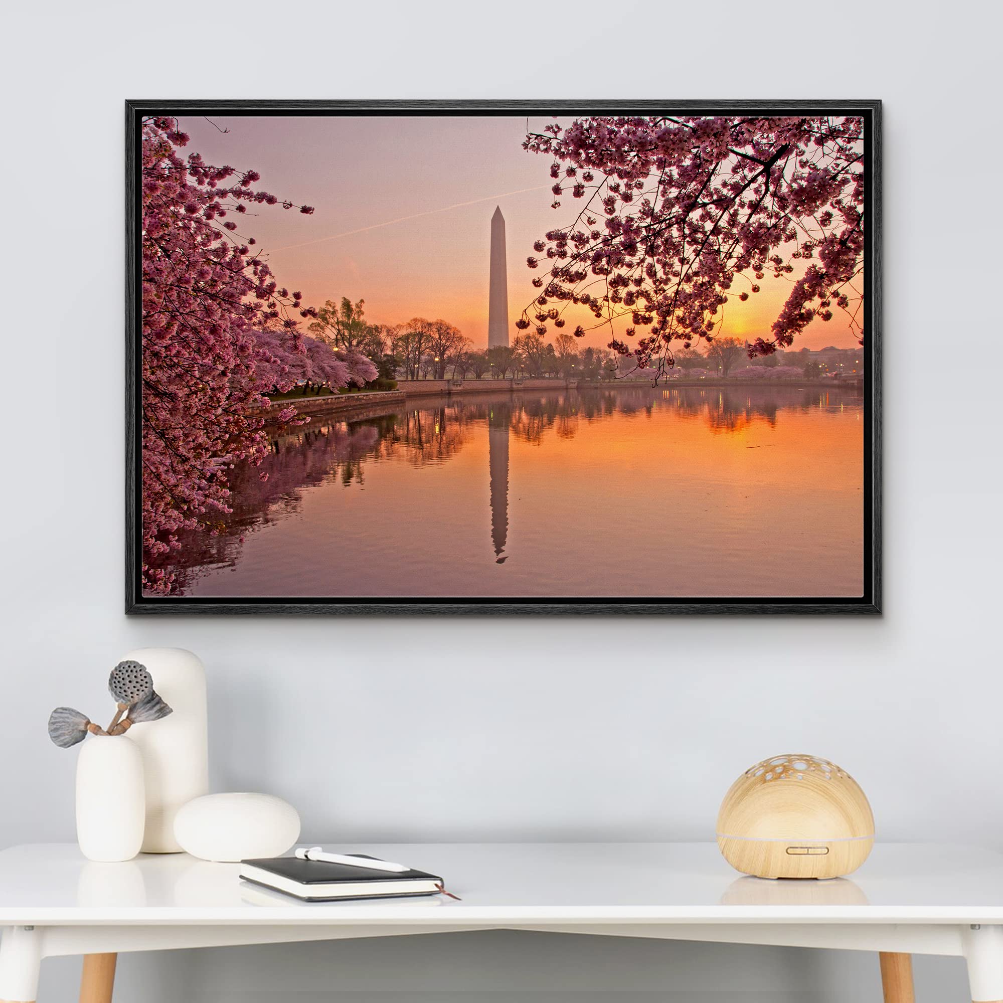 Framed Canvas Prints Wall Art - Cherry Blossom Festival at The National Mall Washington  DC  Modern Wall Decor/Home Art Stretched Gallery Wraps Giclee Print Ready to Hang - 16''x24'' Black
