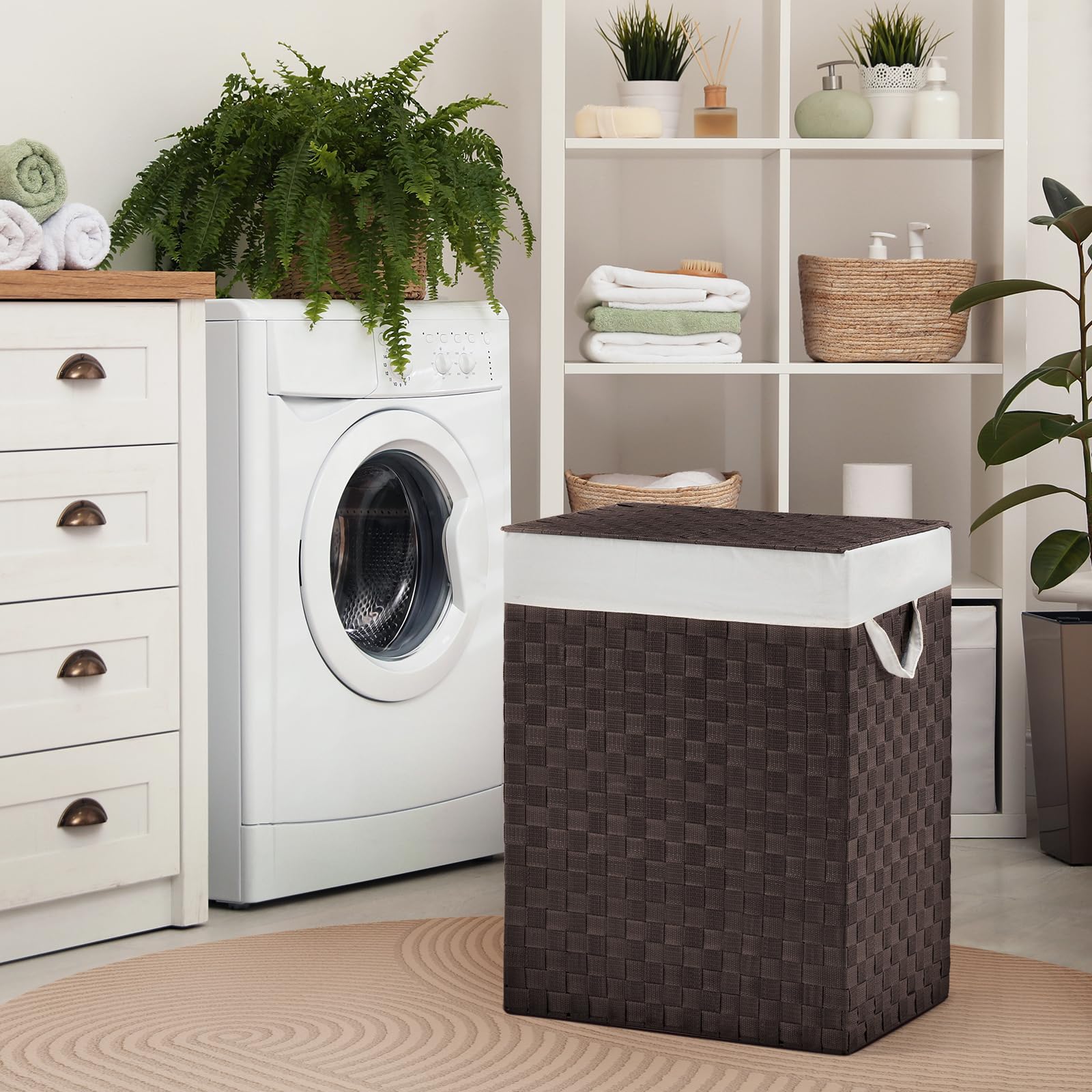 Youdenova Handwoven Laundry Basket Hamper With Removable Liner Bag And Lid, Collapsible Clothes Hamper With Handle, Black