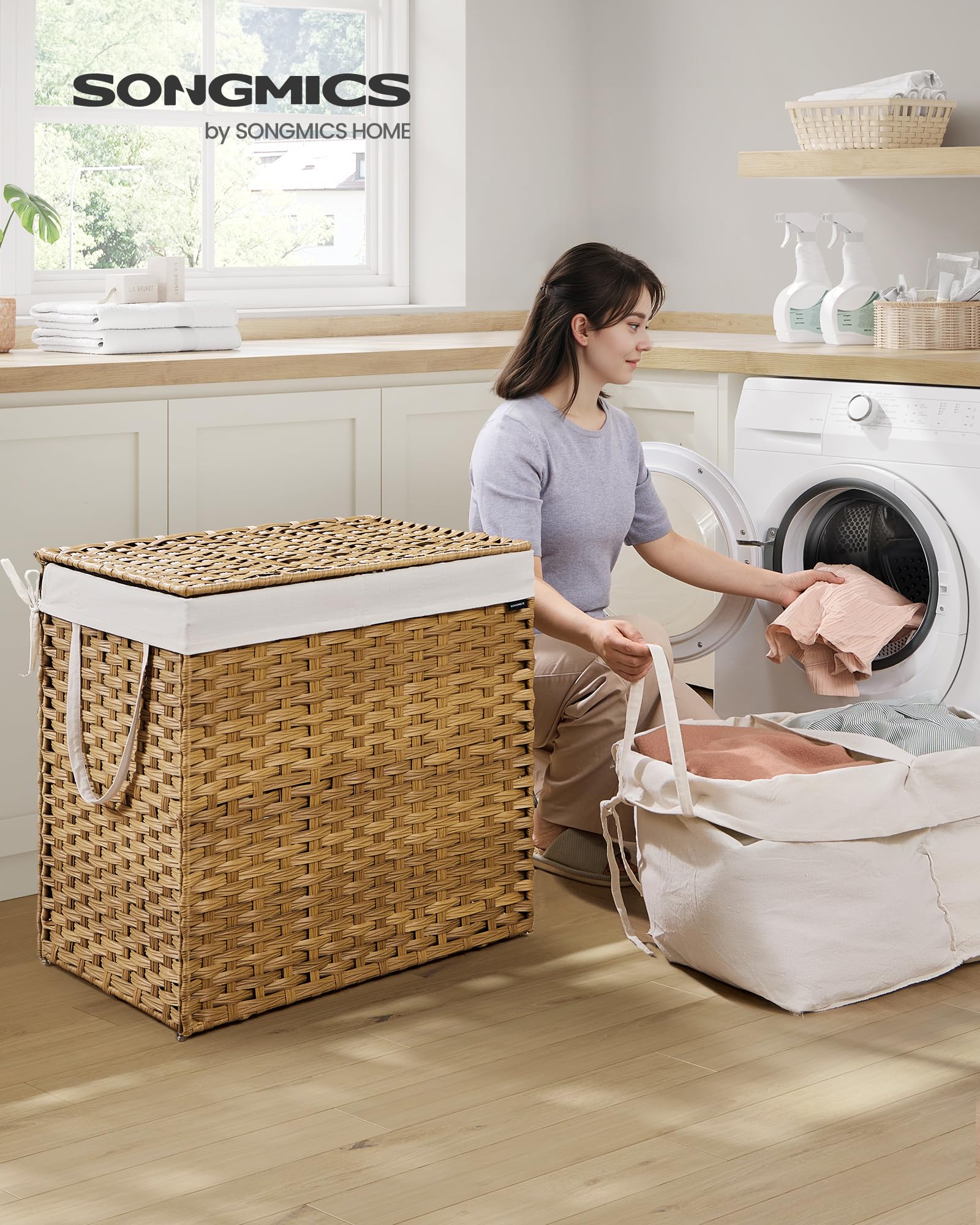 Songmics Laundry Hamper With Lid, 160 L Clothes Hamper With 2 Removable Liner Bags, 6 Mesh Bags, Wicker Laundry Basket, Double L