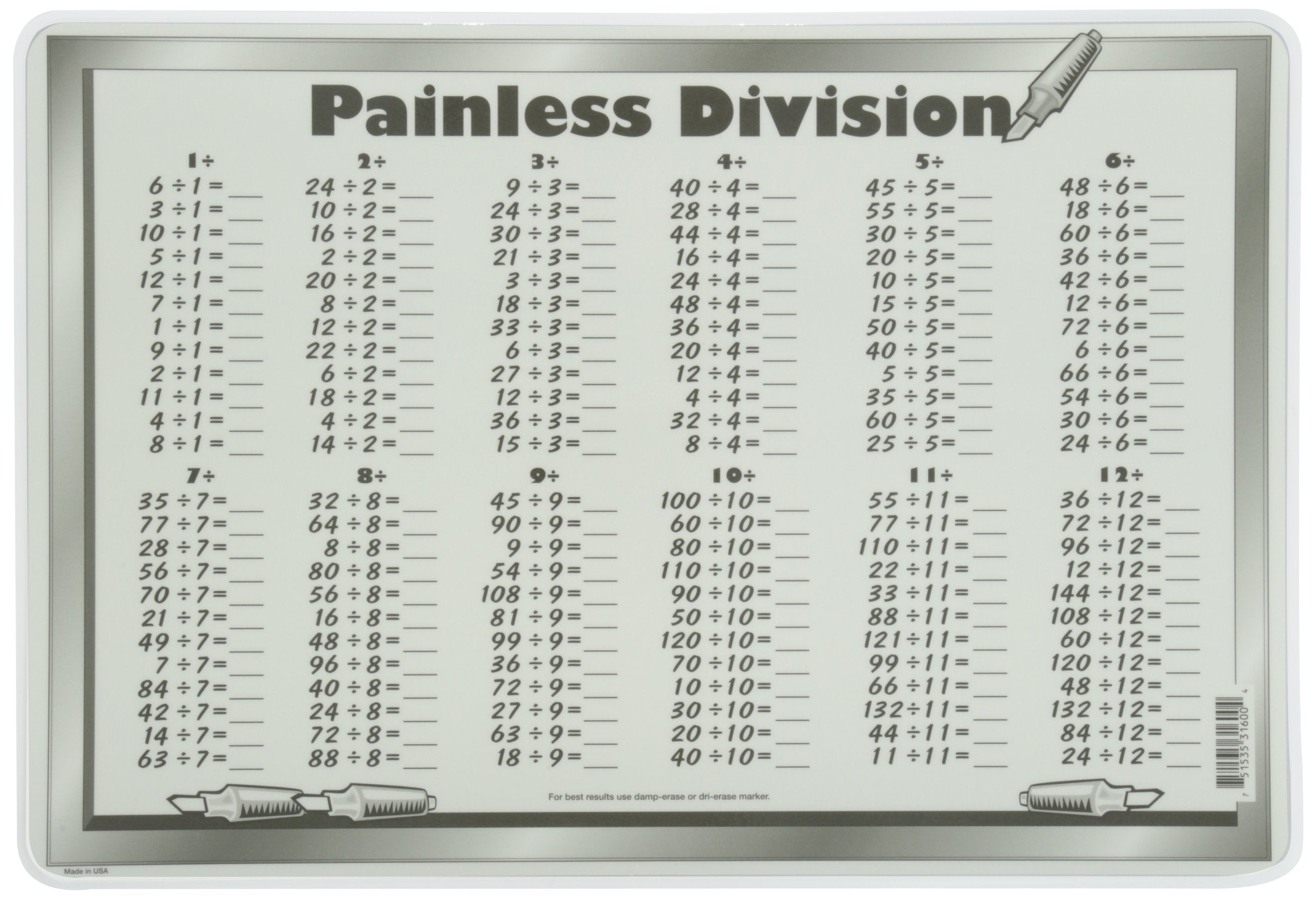 Painless Learning Division Tables Placemat, Large