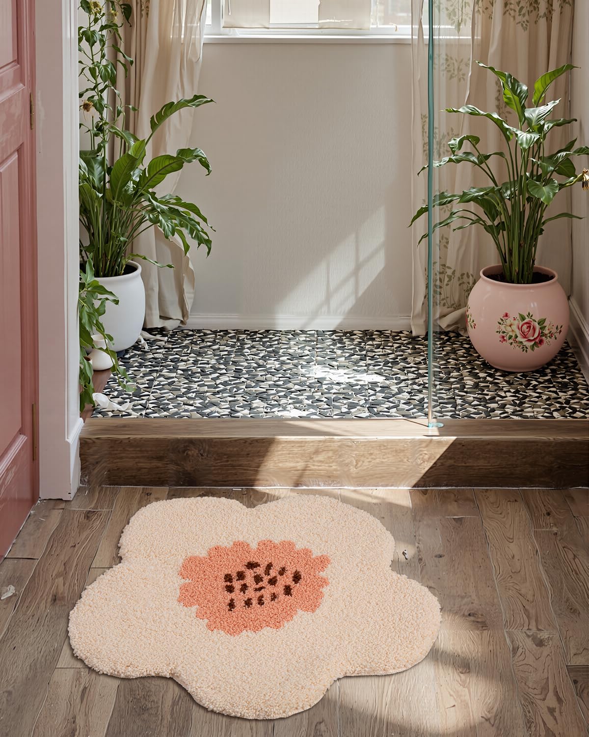 Lumi Cute Bath Mat, Pink Flower Rug, Soft Plush Fluffy Red Bath Mat, Absorbent, Non-Slip For Bathroom, Kitchen Sink, Bedroom, Ki