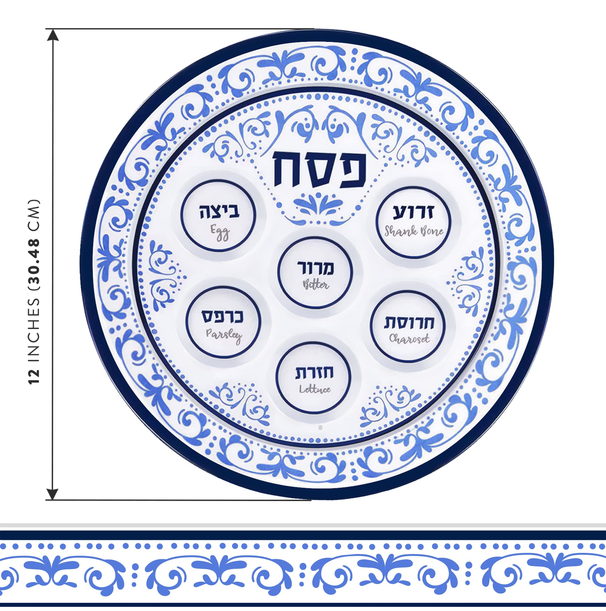 Passover Seder Plates 12'' Melamine - 6 Section Plate Marked With Symbolic Pesach Seder Foods - Round Seder Tray For Adults, Chi