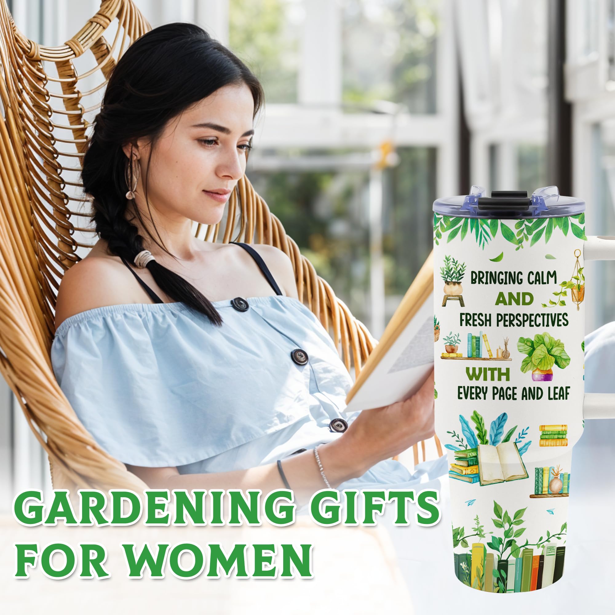 TNASURHUS Book Lover Gifts for Women, 40oz Library Tumbler with Handle and Straw, Gardening Gifts for Plant Lovers, Gardeners, T