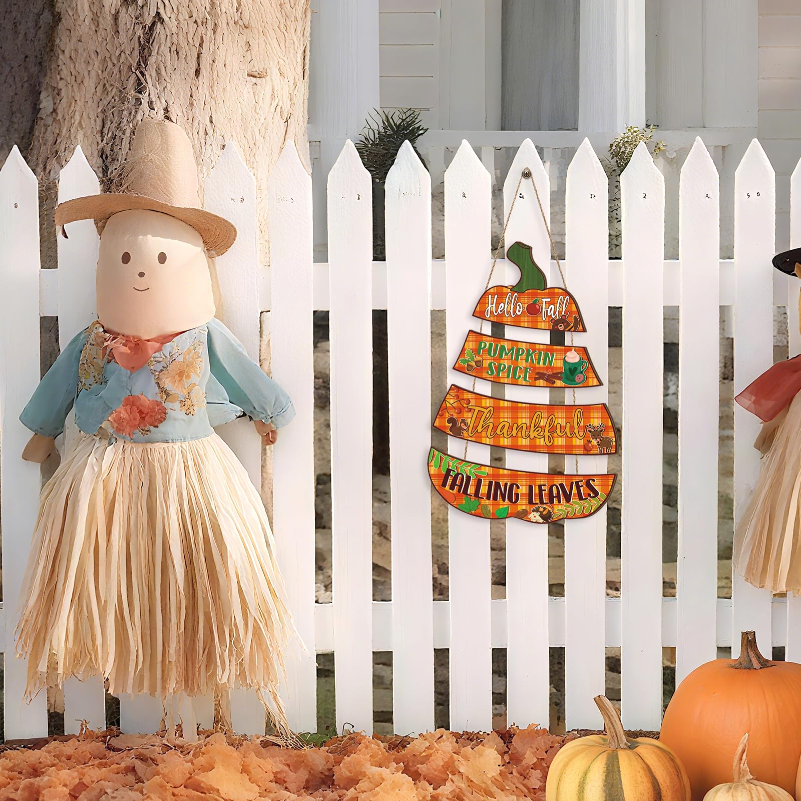 Ausril Hello Fall Door Decor,Pumpkin Fall Sign,Rustic Autumn Wall Plaque,Fall Leaves Door Hanger,Thankful Thanksgiving Wooden Do