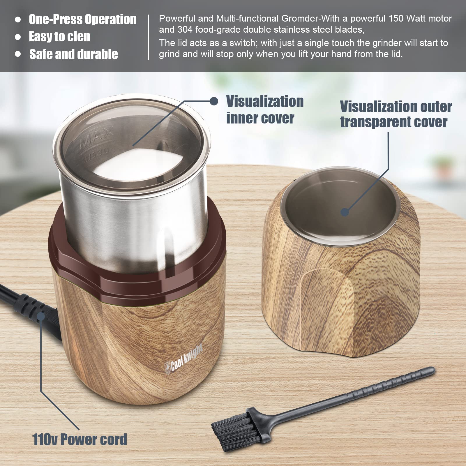 Cool Knight Herb Grinder [Large Capacity/Fast/Electric ]-Spice Herb Coffee Grinder With Pollen Catcher/- 7.5'' (Wood Grain)