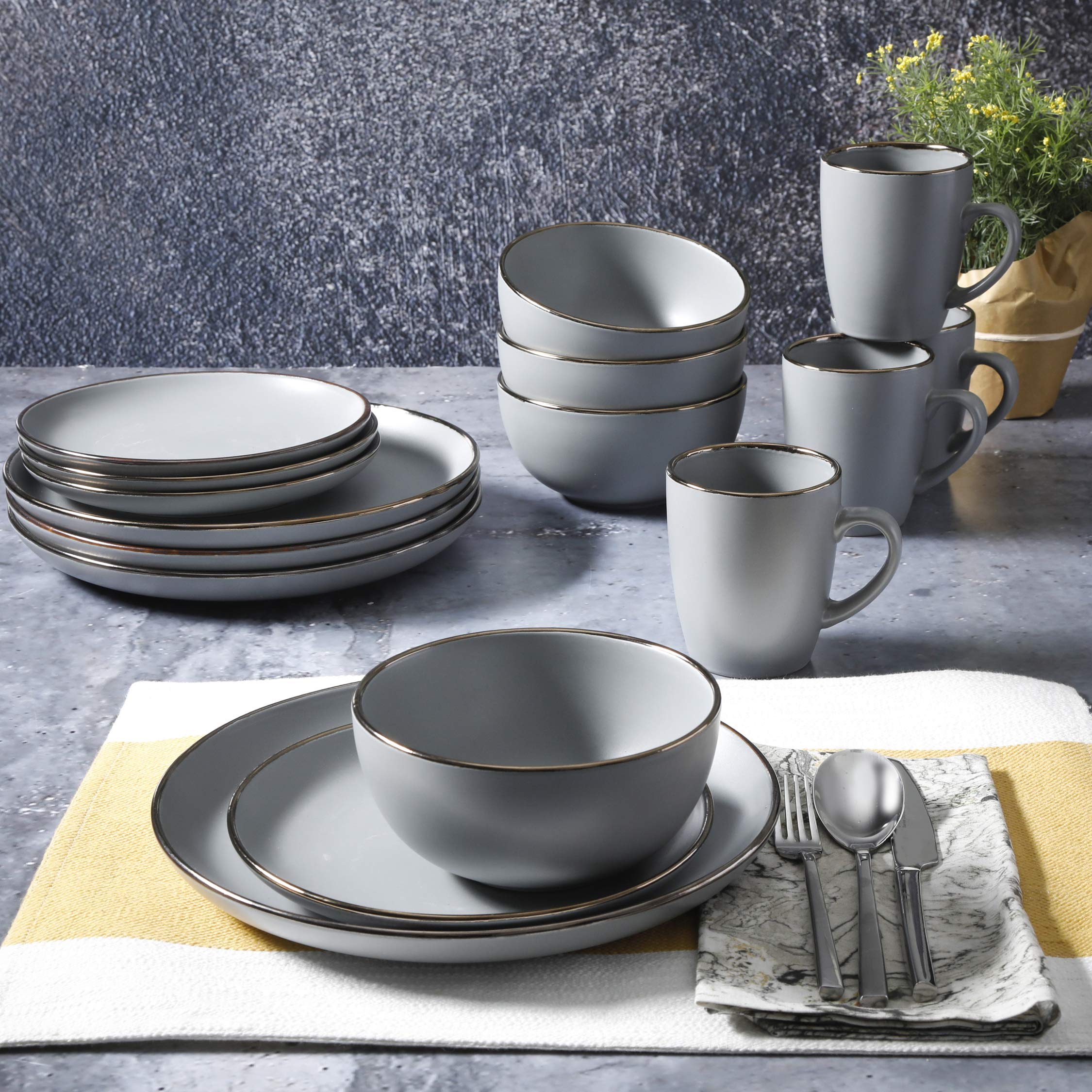 Gibson Home Rockaway Round Dinnerware Set for 4 (16pcs), Grey/Gold Rim, Stylish and Durable Dining Essential