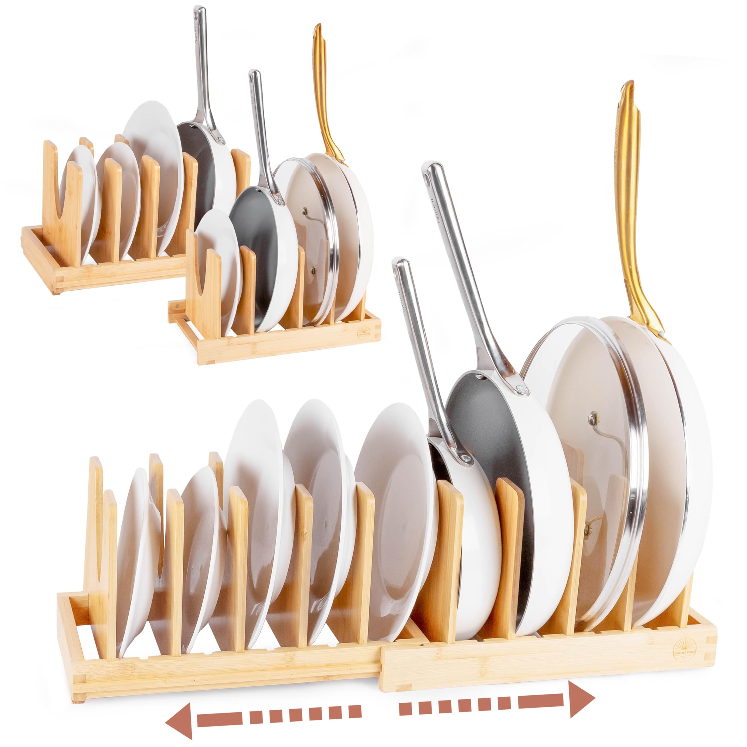 Pot and Pan Organizer for Under Cabinet  Bamboo Pot Lid Organizer for Cabinet with Magnetic Lock, Expandable 2in1, Adjustable